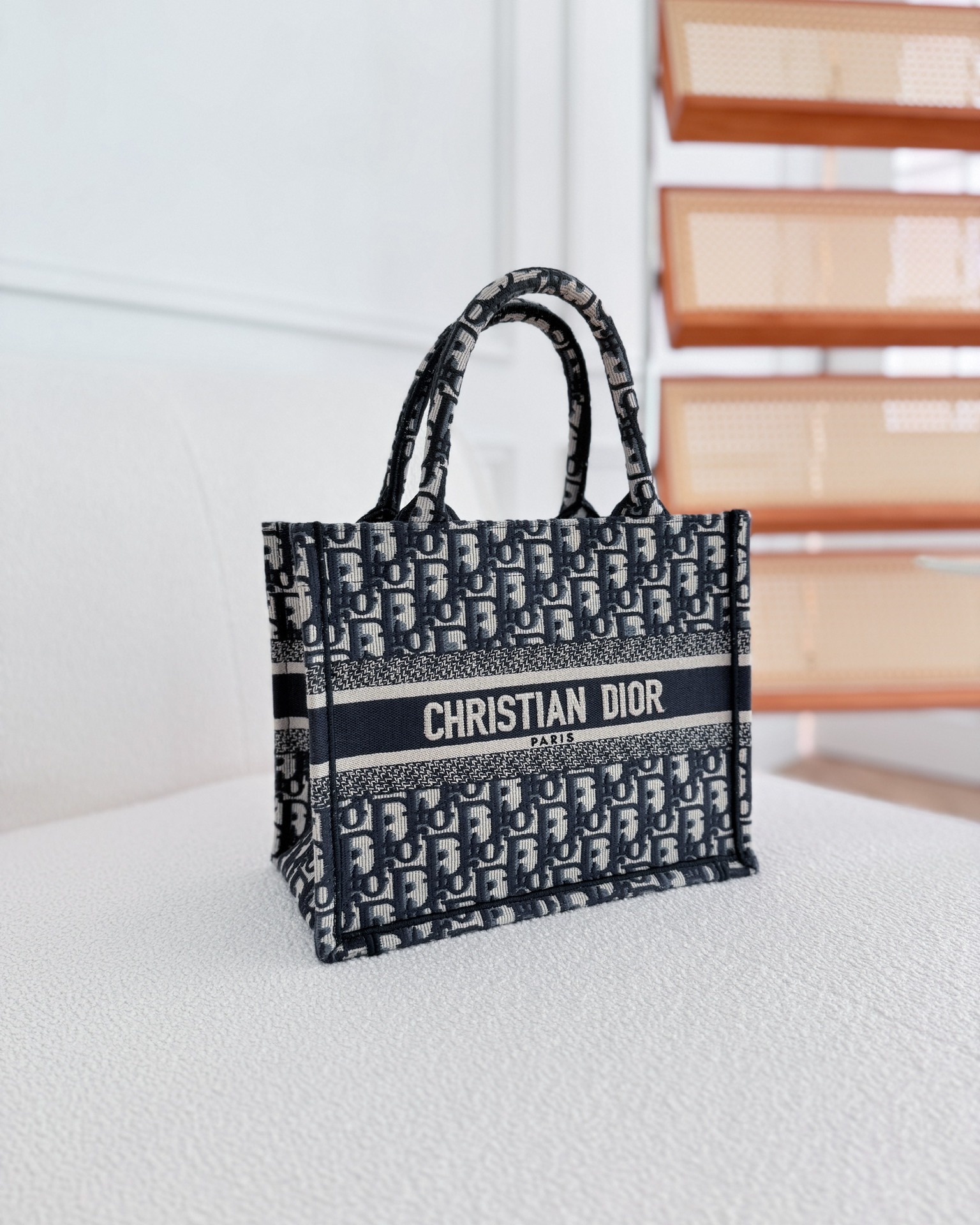 Dior New Small Book Tote Navy Dior Oblique Embroidery Canvas
