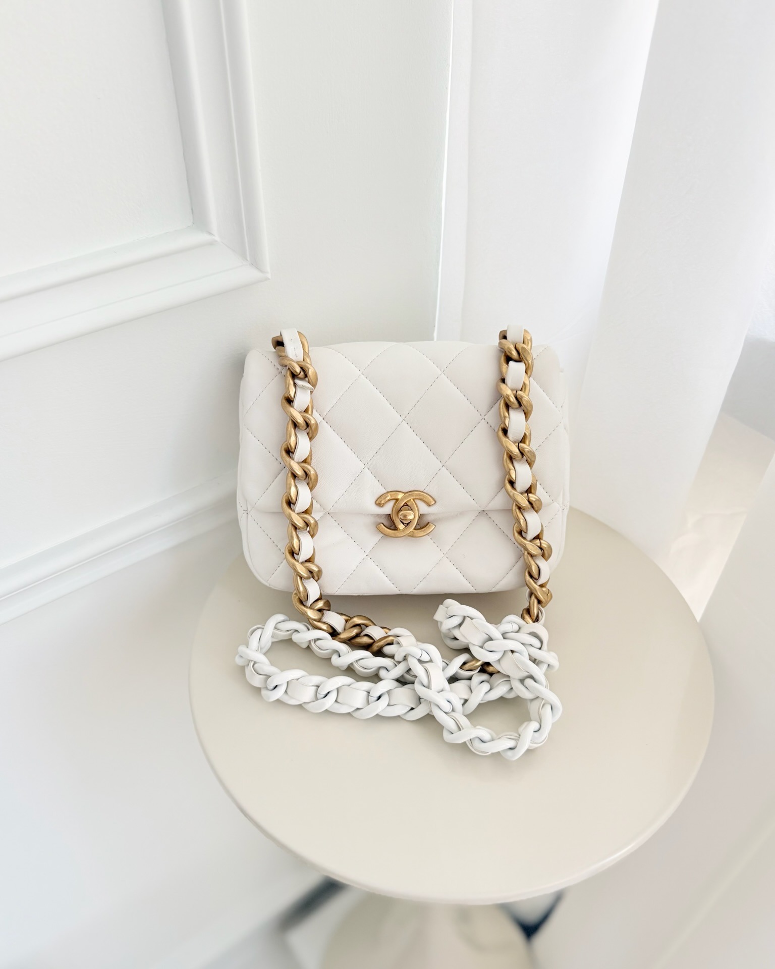 Chanel Small Flap Bag White Lambskin Aged Gold and Lacquered Metal 22S