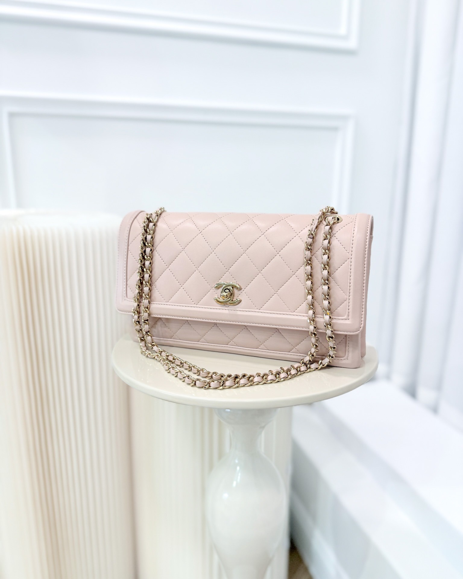 Chanel Flap Clutch With Chain Quilted Light Pink Lambskin