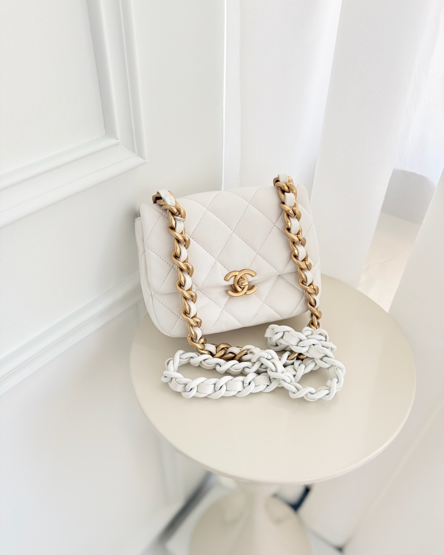 Chanel Small Flap Bag White Lambskin Aged Gold and Lacquered Metal 22S