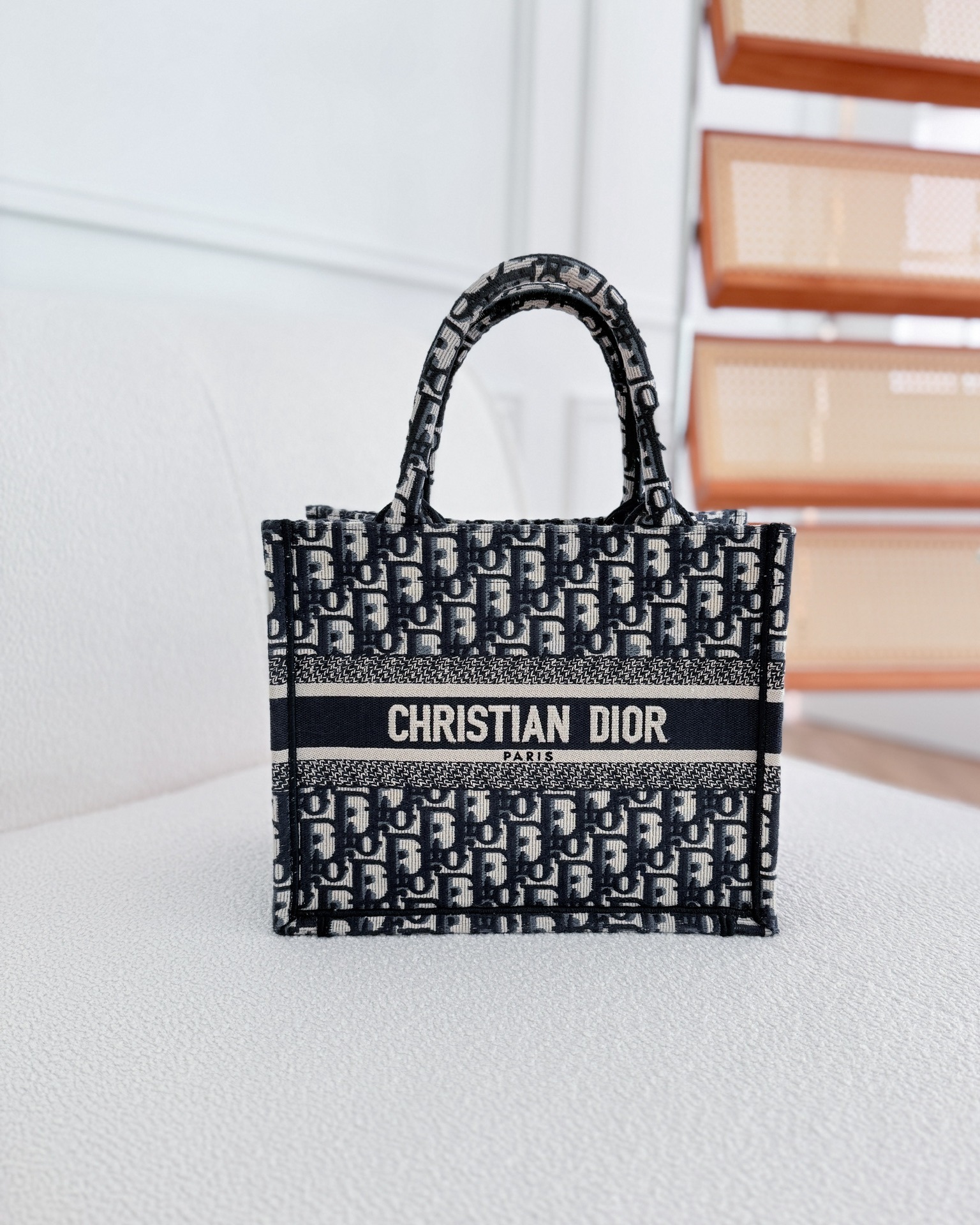 Dior New Small Book Tote Navy Dior Oblique Embroidery Canvas