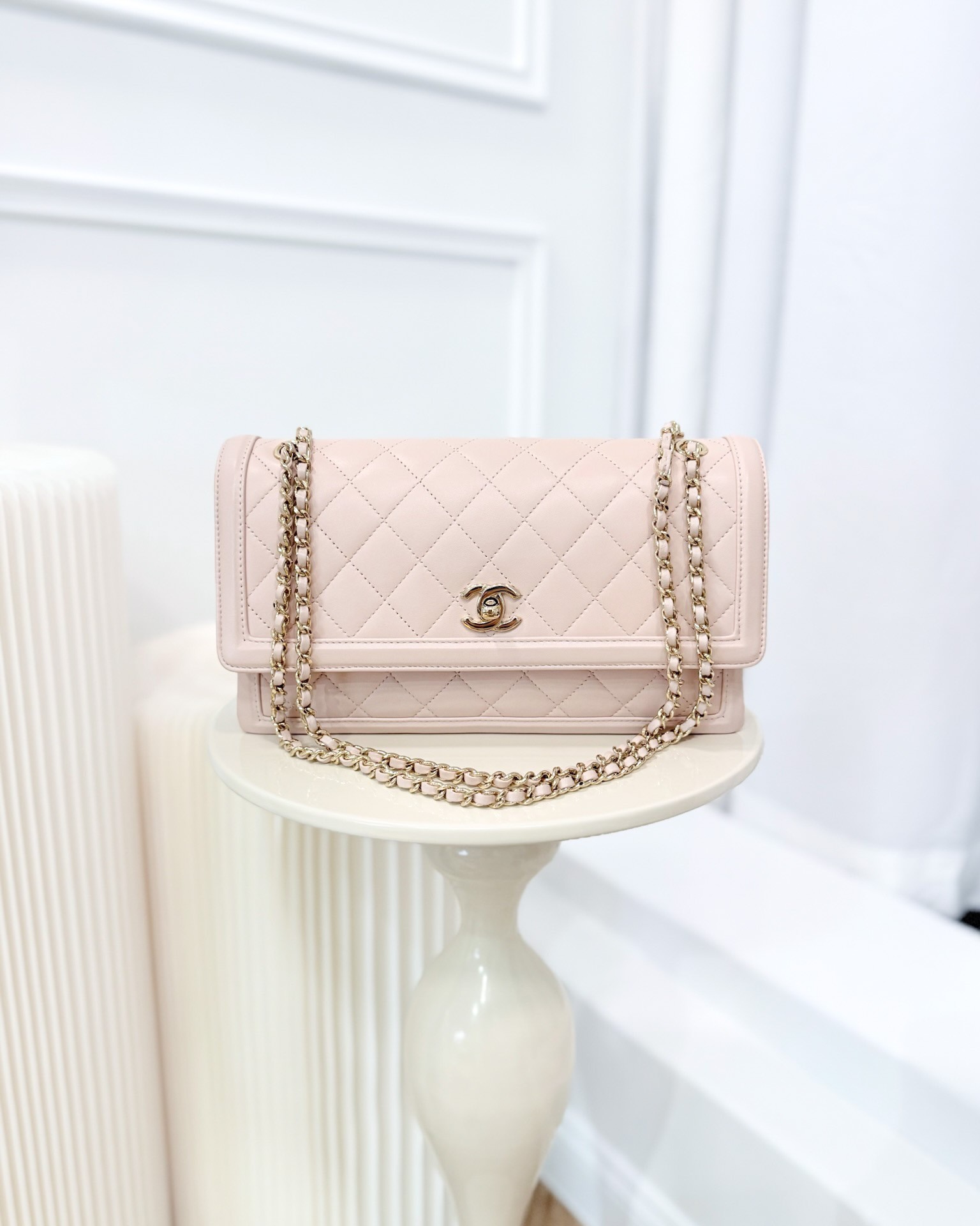 Chanel Flap Clutch With Chain Quilted Light Pink Lambskin