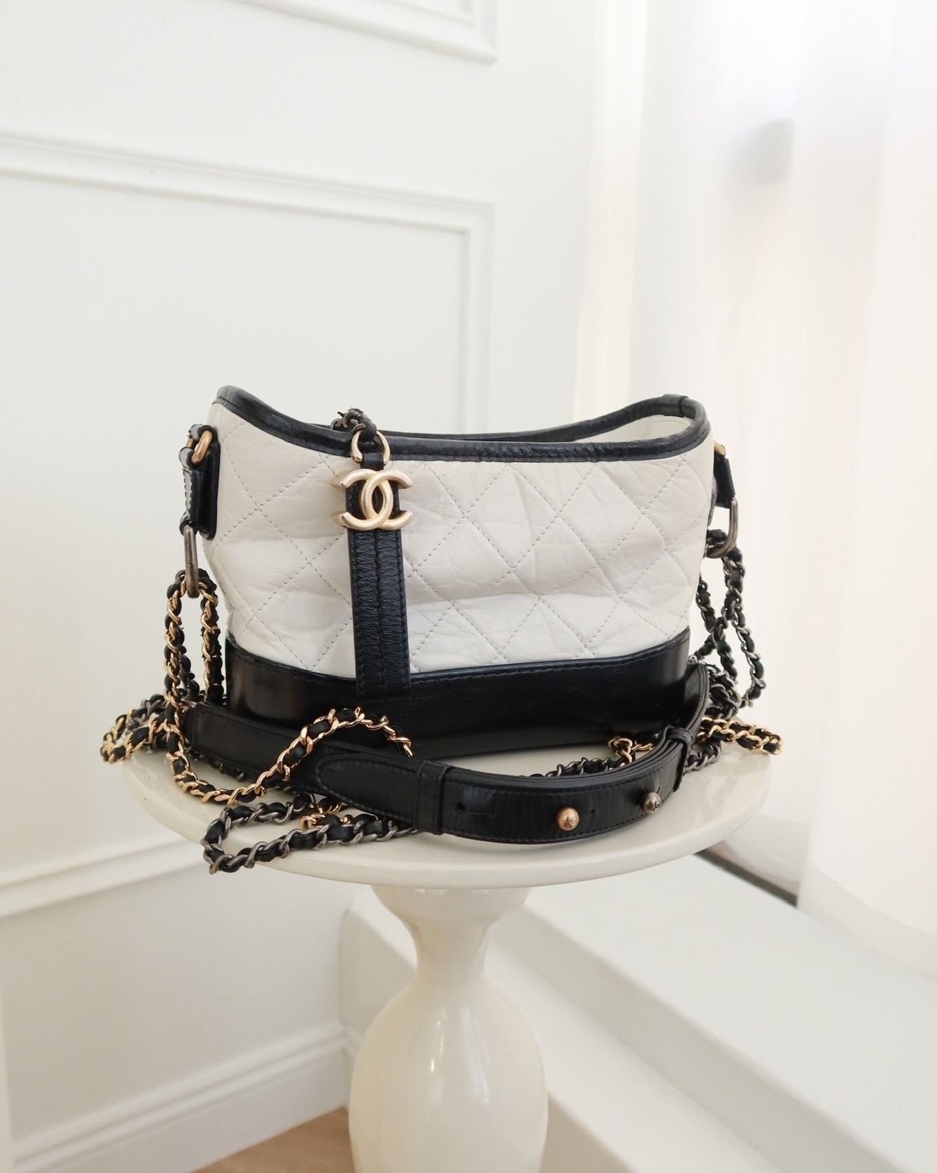 Chanel Small Gabrielle Hobo Quilted Black White Aged Calfskin
