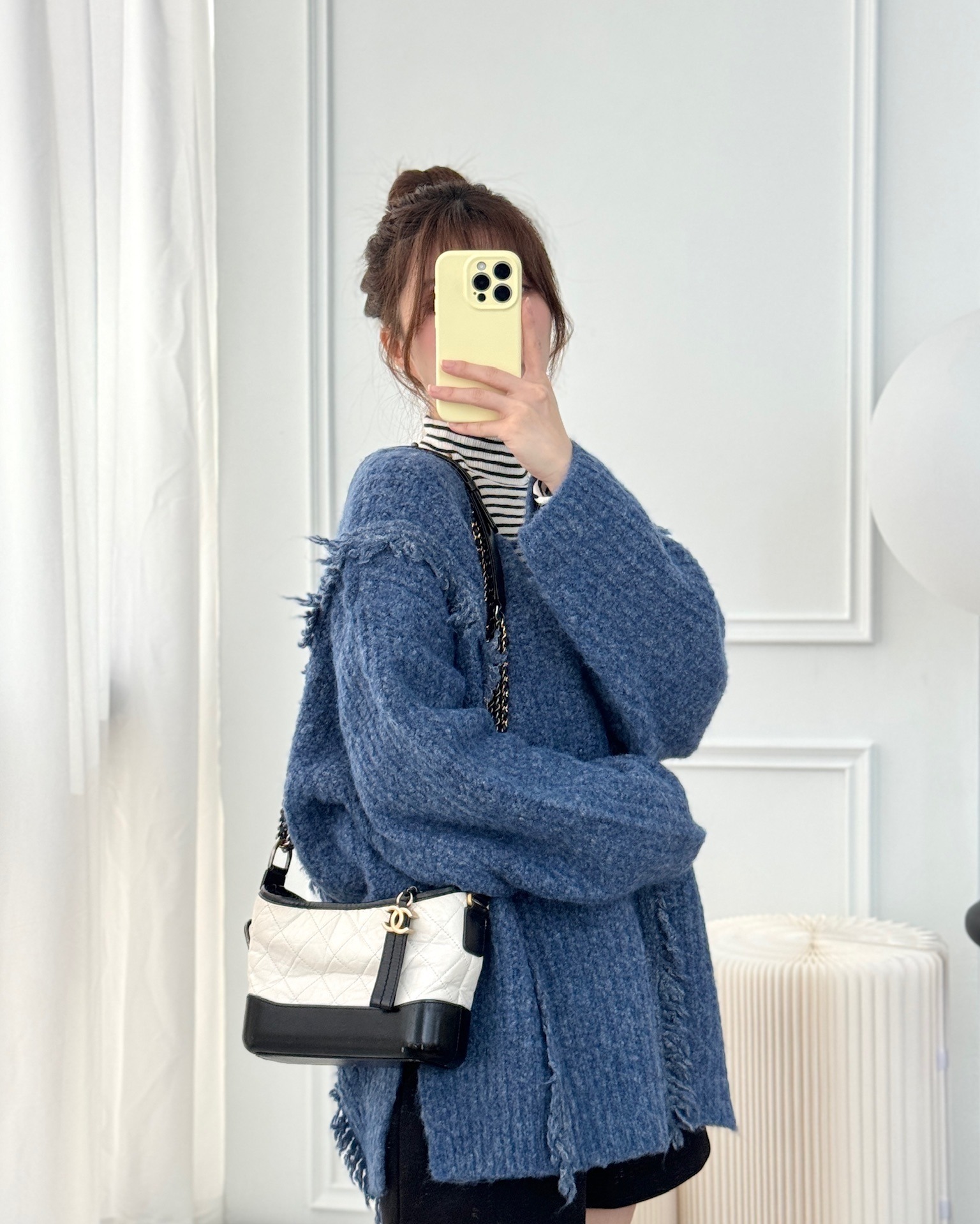 Chanel Small Gabrielle Hobo Quilted Black White Aged Calfskin