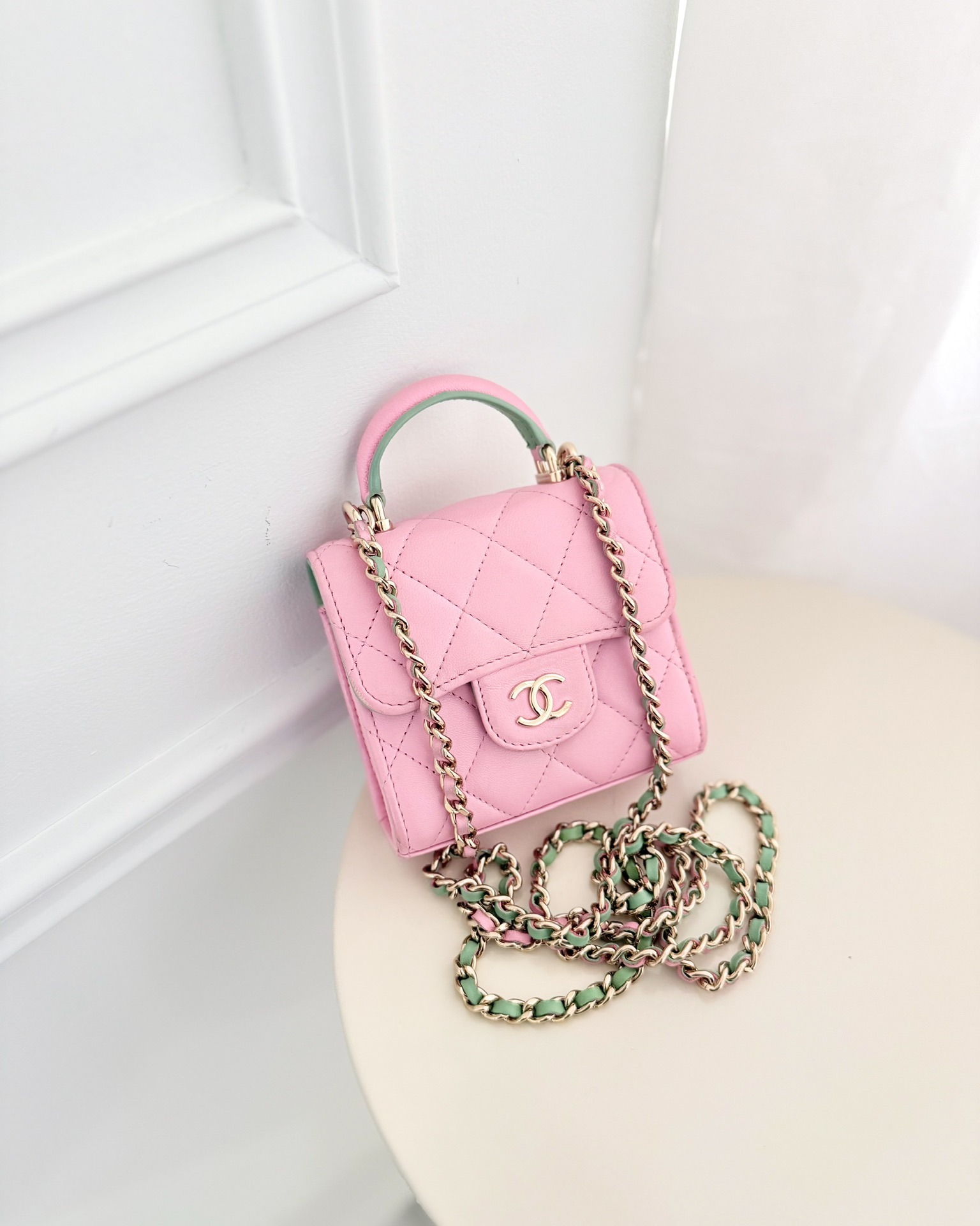 Chanel Mini Handle Clutch With Chain Pink/ Mint Lambskin 23P
