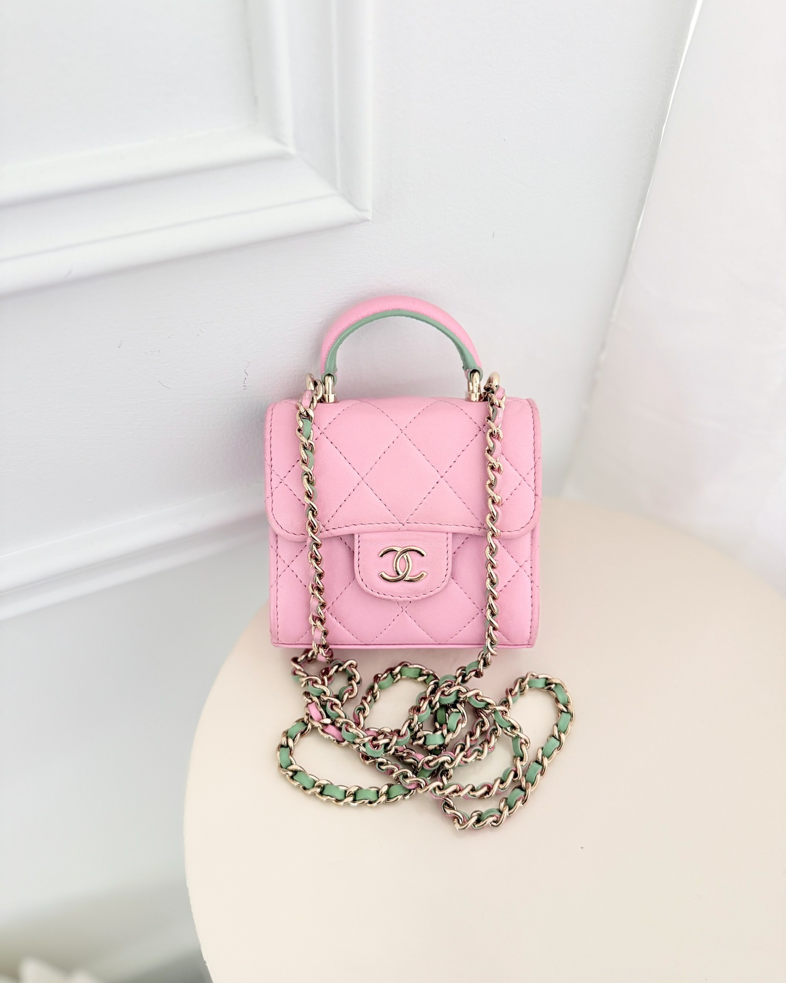 Chanel Mini Handle Clutch With Chain Pink/ Mint Lambskin 23P