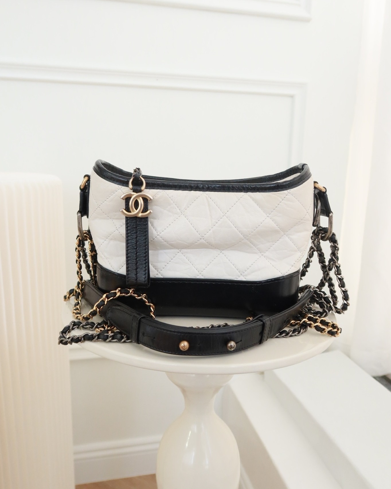 Chanel Small Gabrielle Hobo Quilted Black White Aged Calfskin