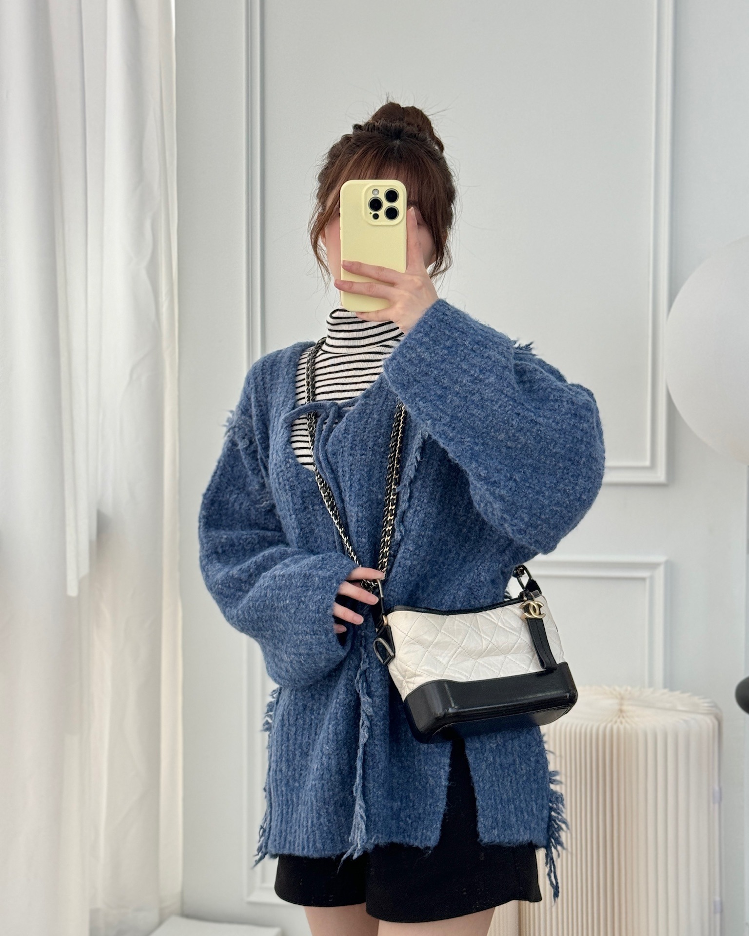 Chanel Small Gabrielle Hobo Quilted Black White Aged Calfskin