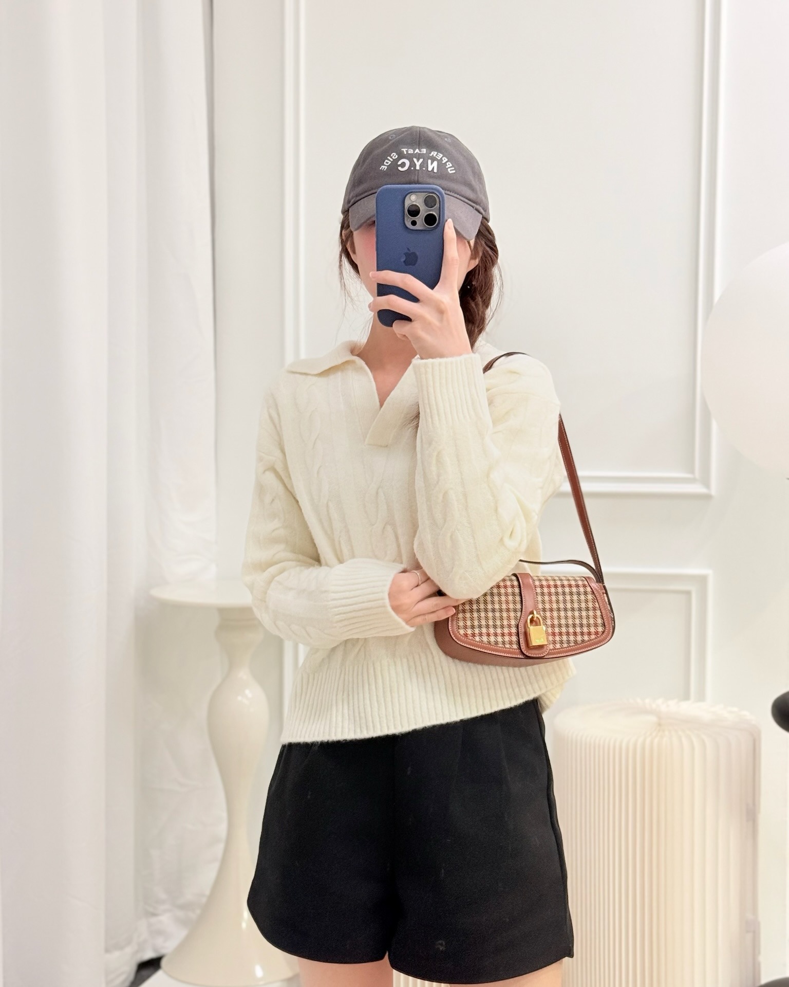 Celine Clutch on Strap in Tartan Textile and Natural Calfskin