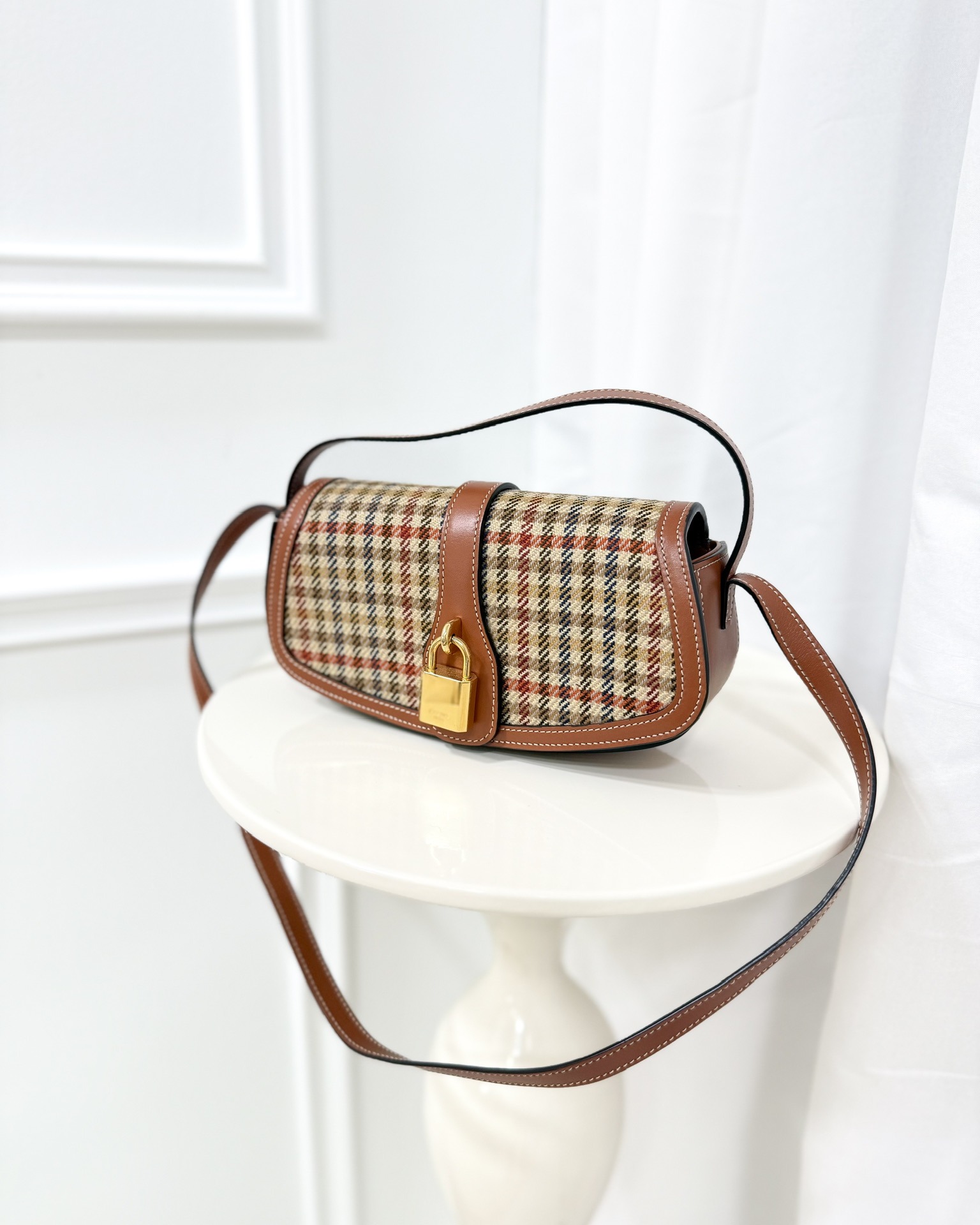 Celine Clutch on Strap in Tartan Textile and Natural Calfskin