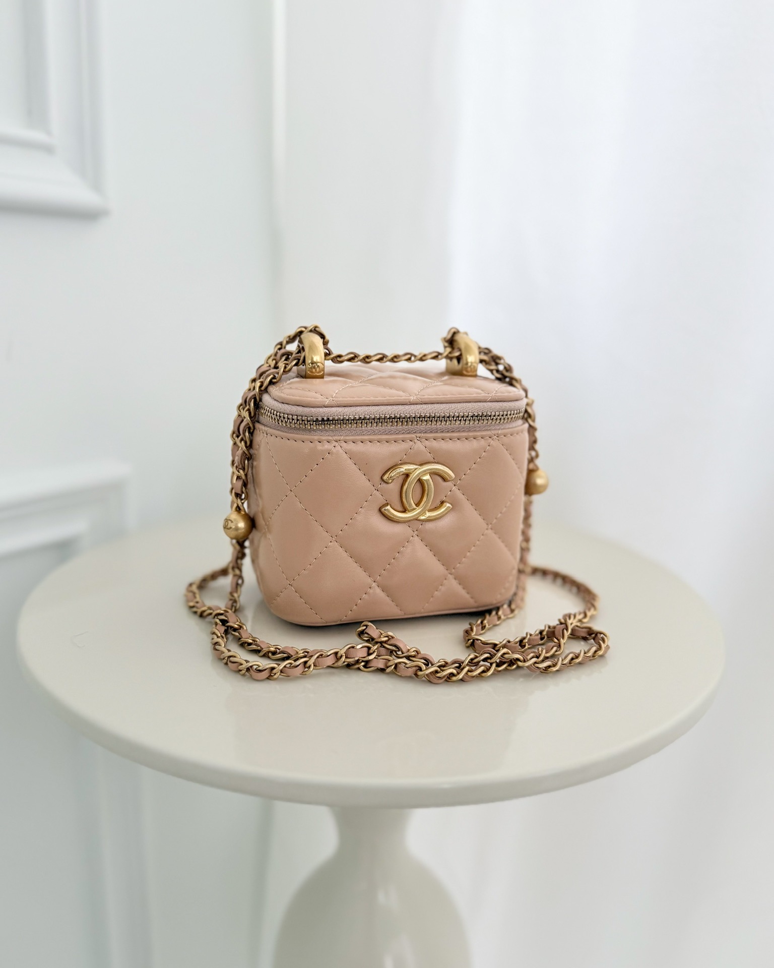Chanel Quilted Mini Perfect Fit Vanity With Chain Beige Calfskin Aged