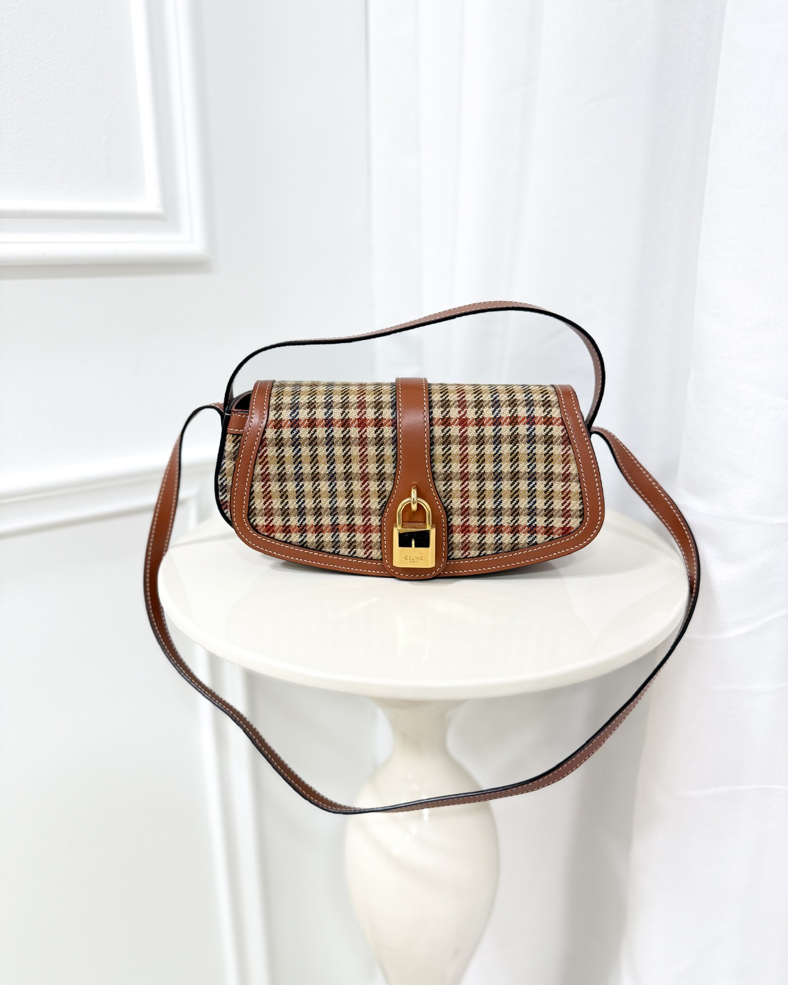 Celine Clutch on Strap in Tartan Textile and Natural Calfskin