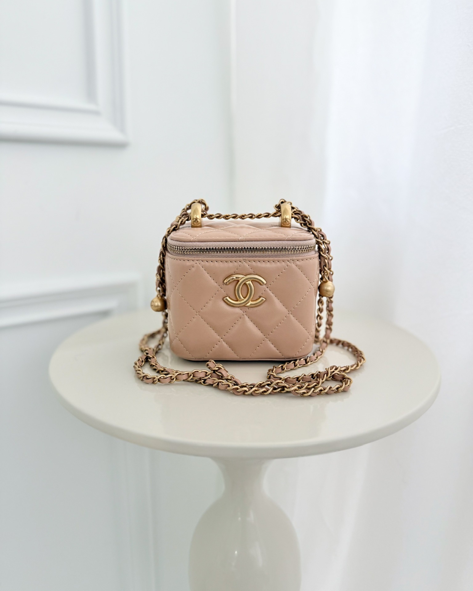 Chanel Quilted Mini Perfect Fit Vanity With Chain Beige Calfskin Aged