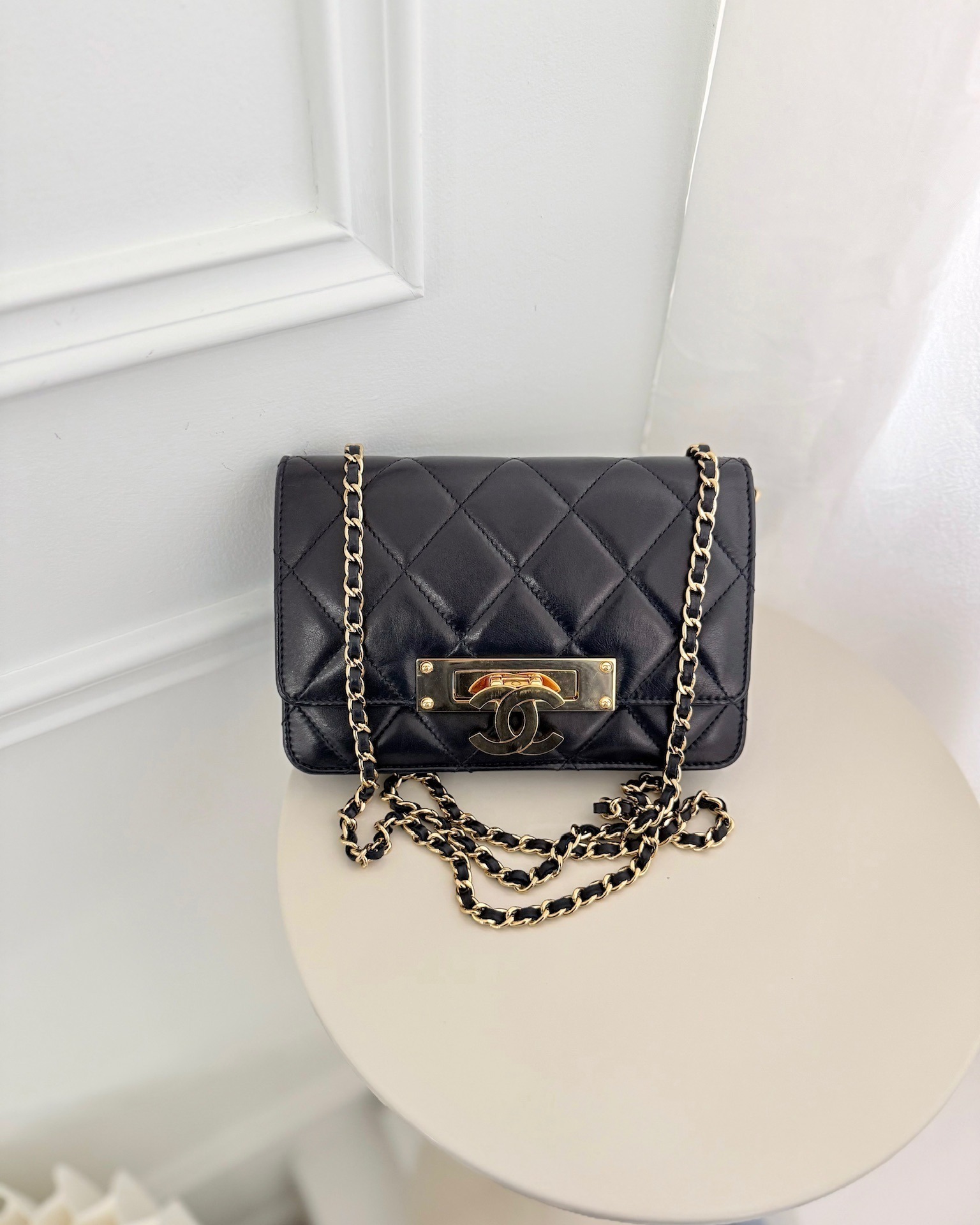 Chanel Golden Class Wallet on Chain WOC Navy Lambskin