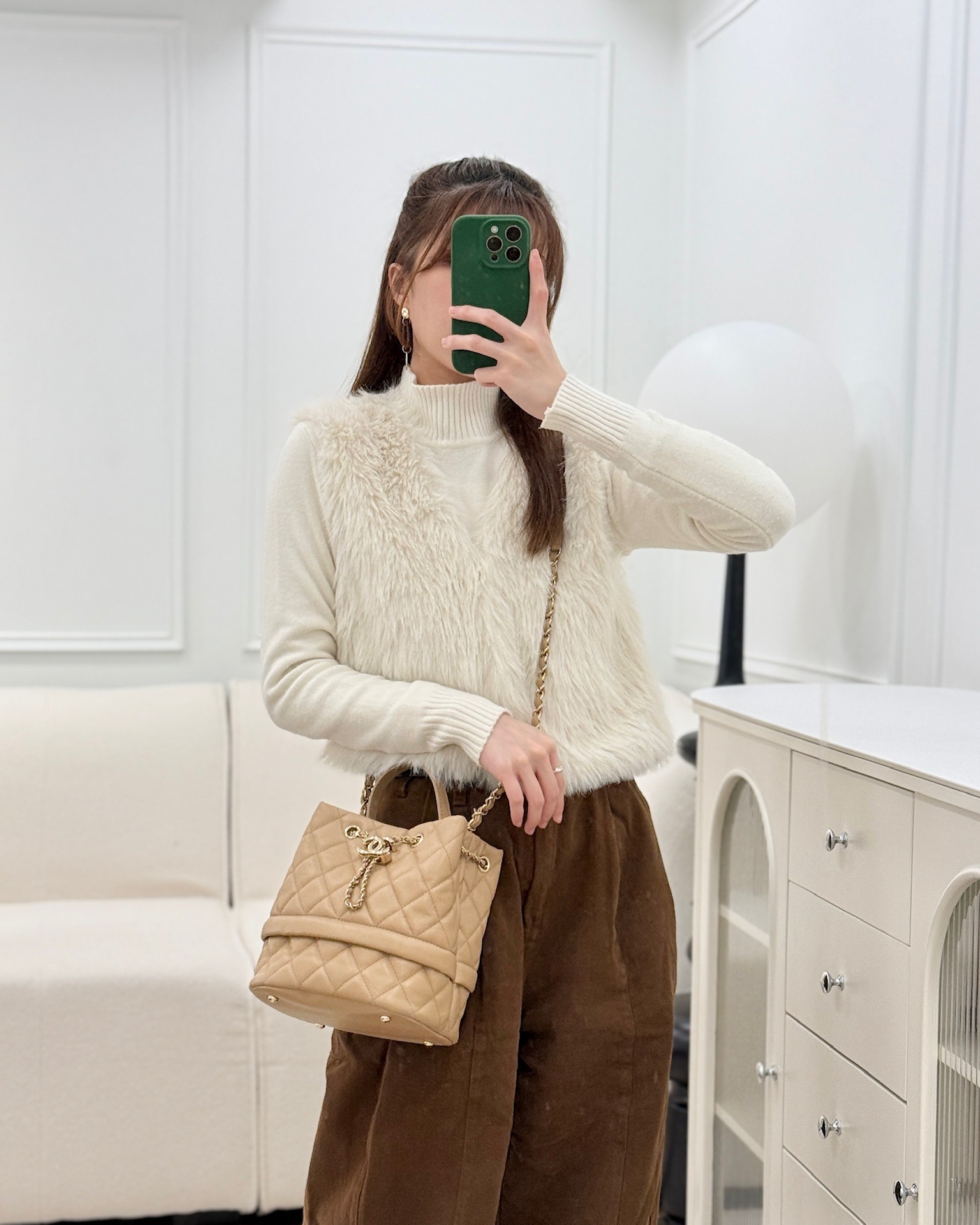 Chanel Rolled Up Bucket Drawstring Bag Beige Caviar