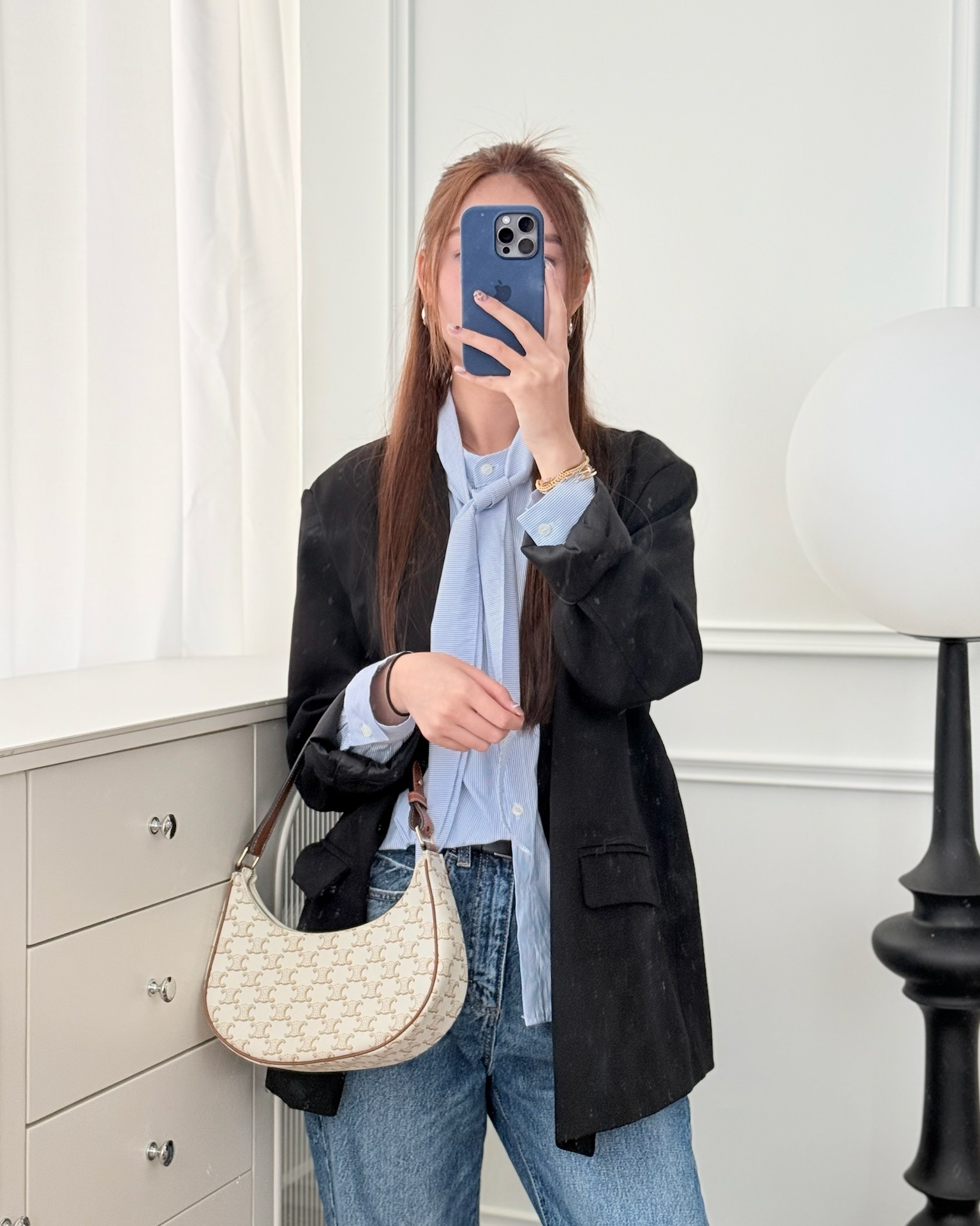 Celine Ava Bag In Triomphe Canvas Calfskin White