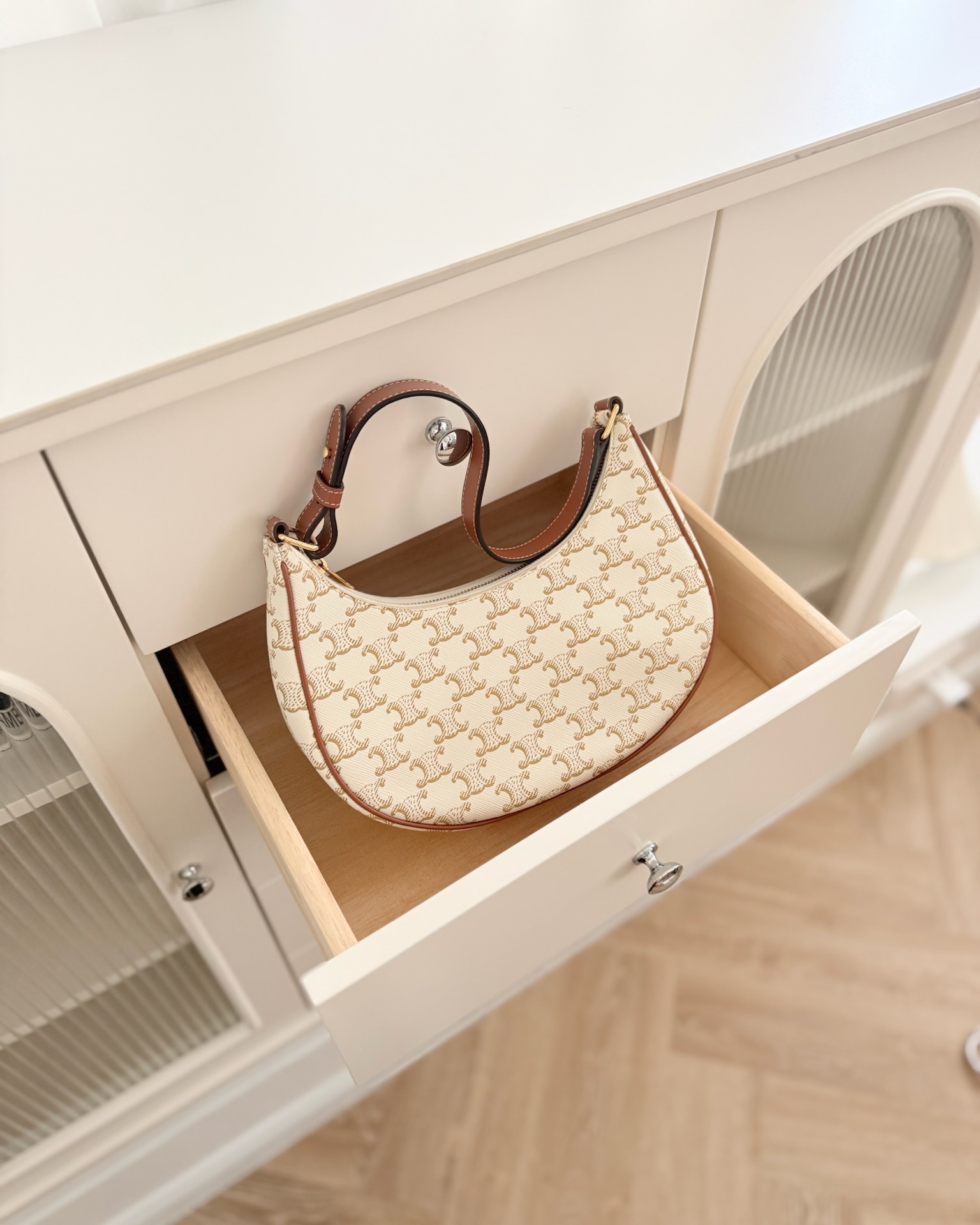 Celine Ava Bag In Triomphe Canvas Calfskin White