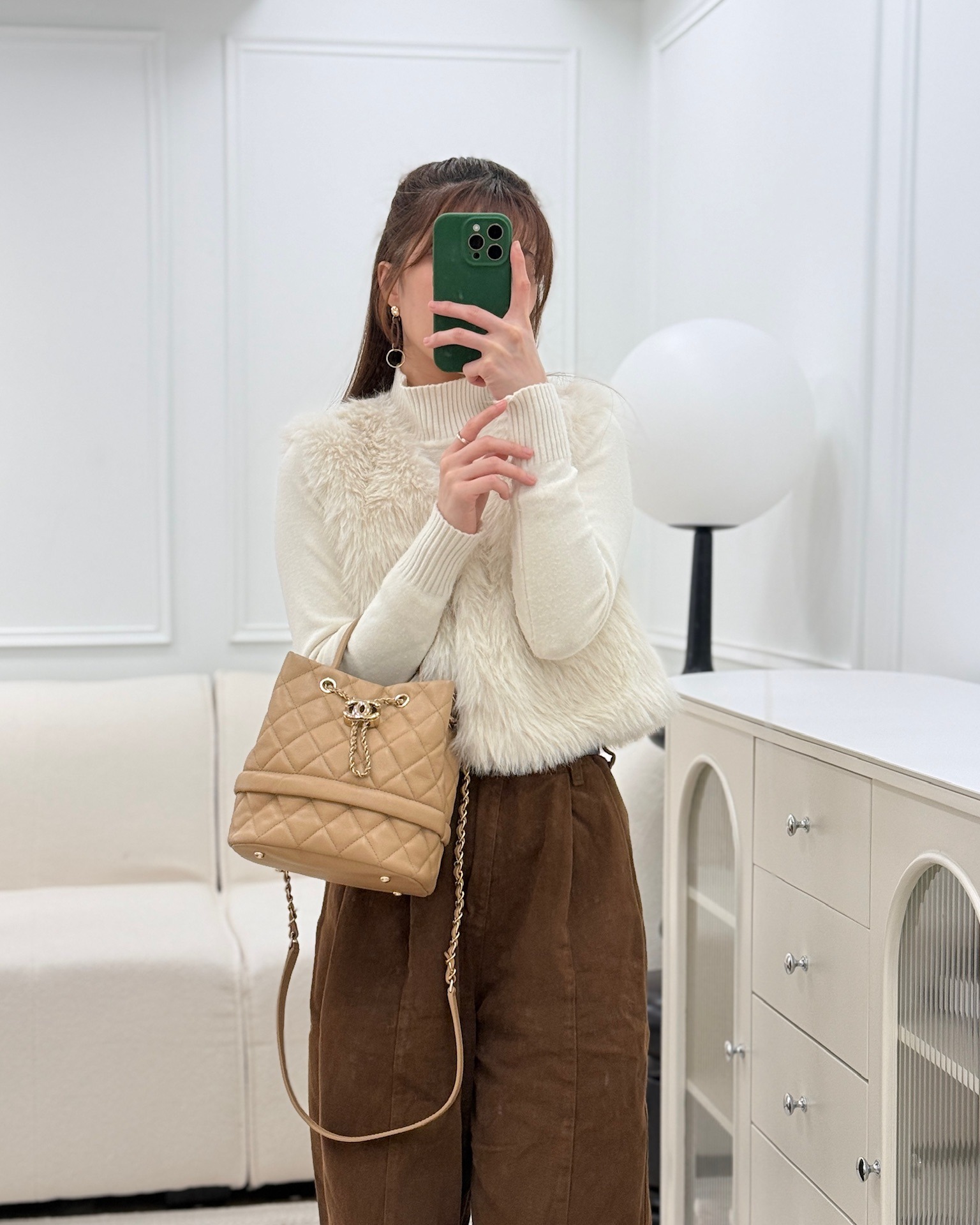 Chanel Rolled Up Bucket Drawstring Bag Beige Caviar