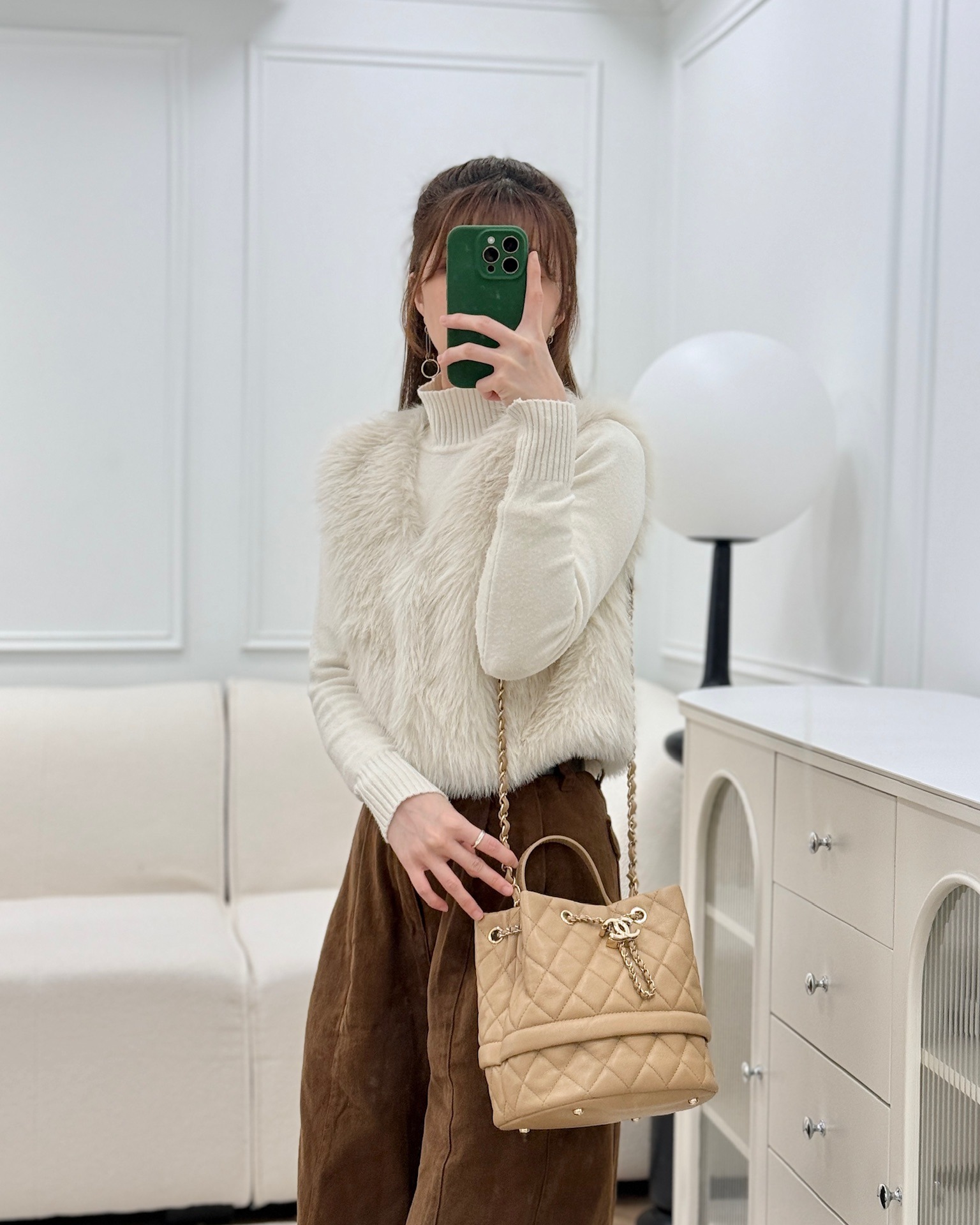 Chanel Rolled Up Bucket Drawstring Bag Beige Caviar