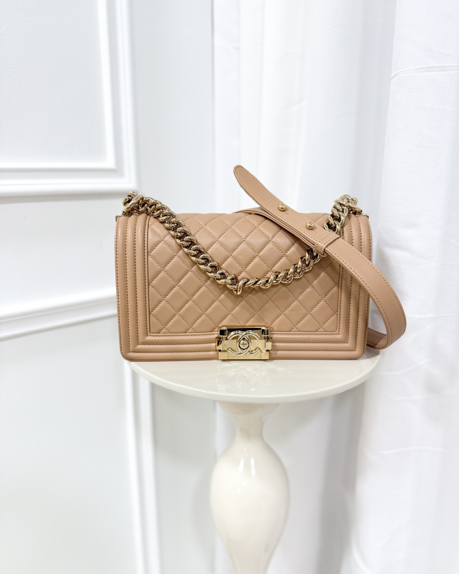 Chanel Boy Quilted Medium Beige Calfskin