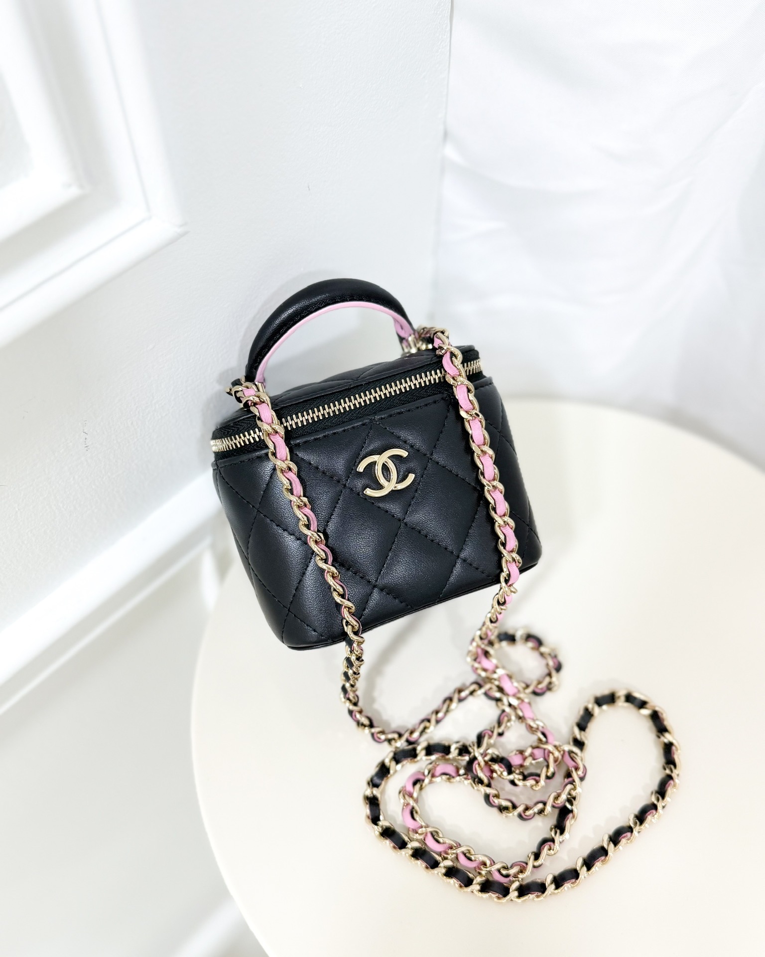 Chanel Mini Top Handle Vanity With Chain Black/ Pink Lambskin