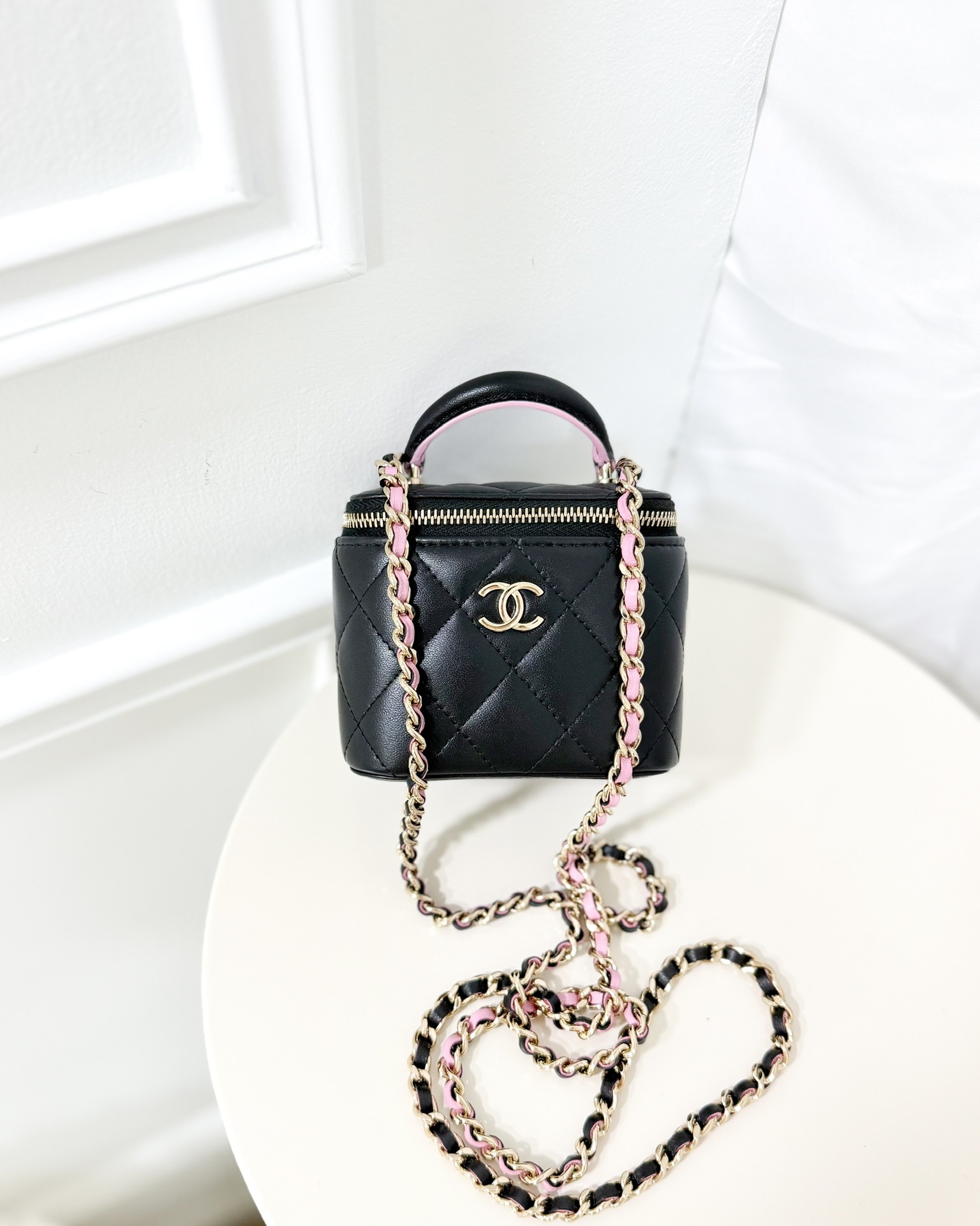 Chanel Mini Top Handle Vanity With Chain Black/ Pink Lambskin