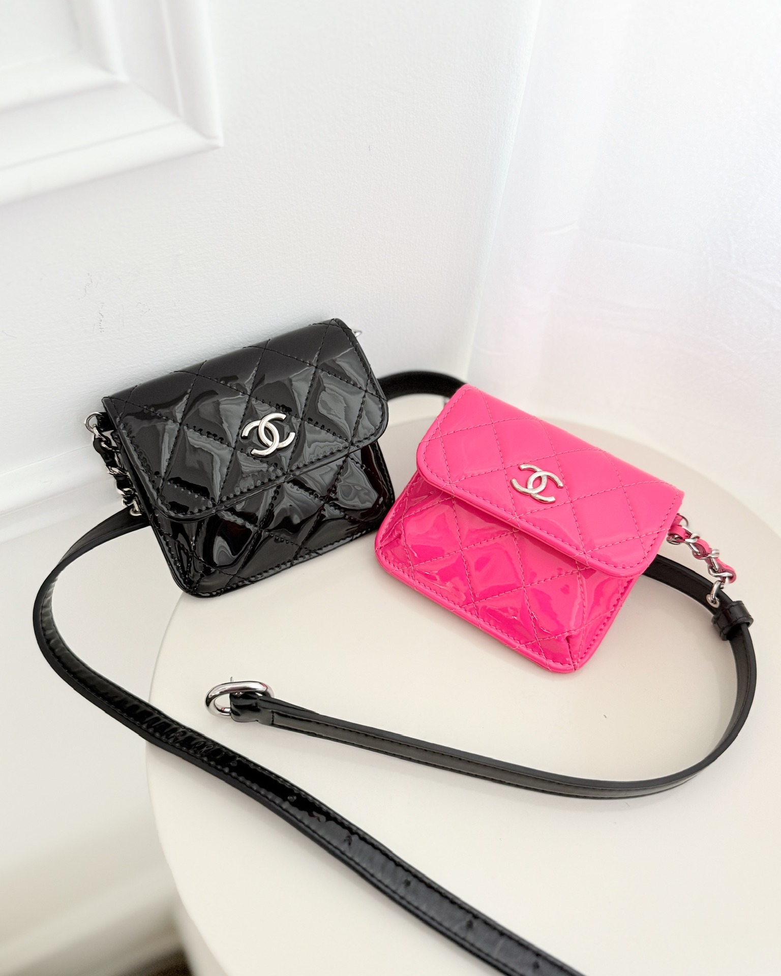 Chanel Double Waist Belt Bag Patent Pink / Black