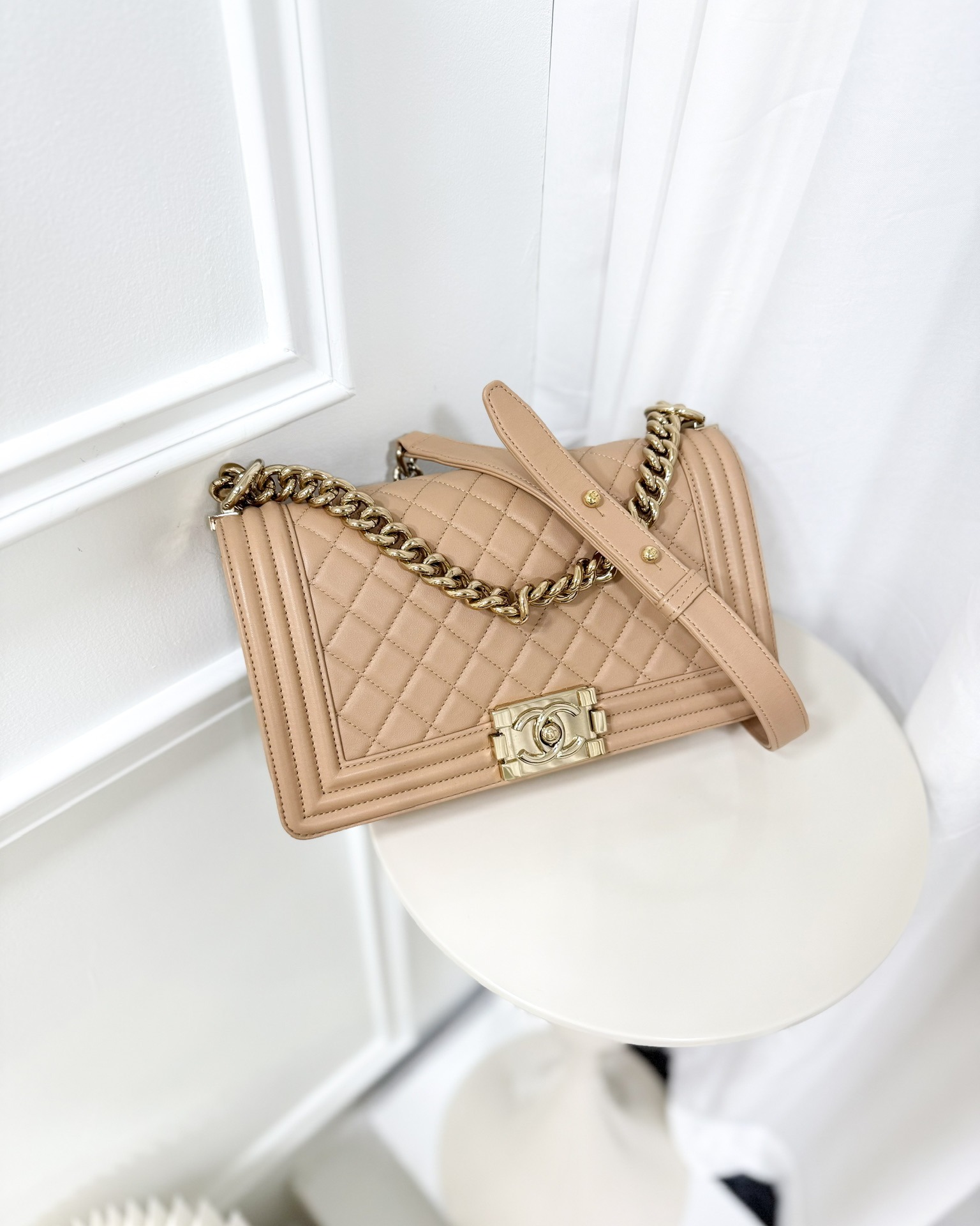 Chanel Boy Quilted Medium Beige Calfskin