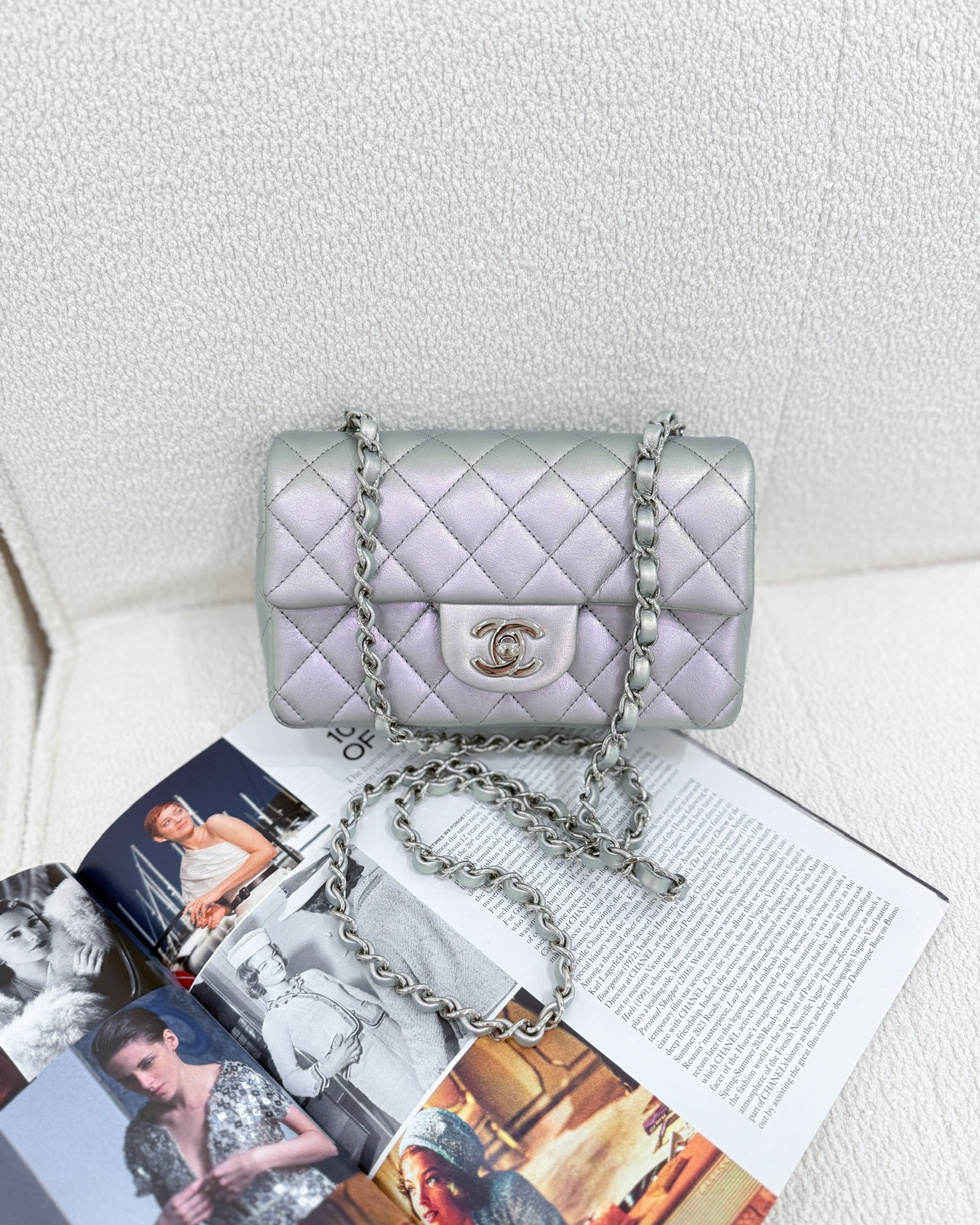 Chanel Quilted Mini Rectangular Iridescent White Lilac Calfskin