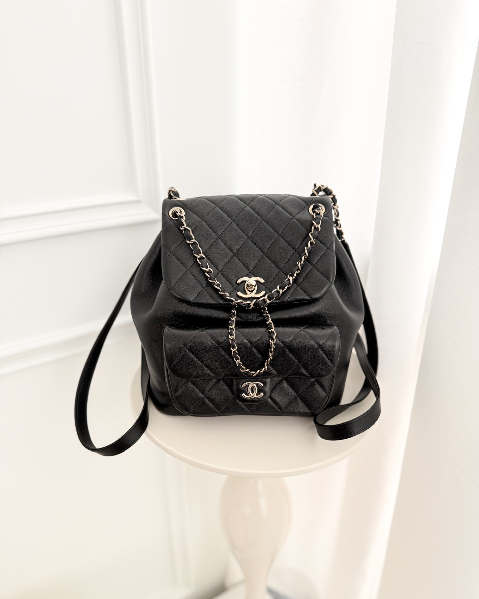 Chanel Quilted Large Duma Drawstring Backpack Black Calfskin