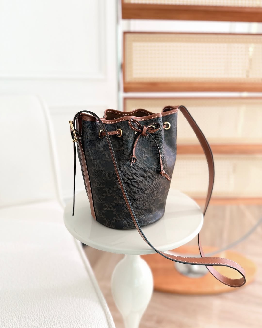 Celine Small Drawstring Bucket Bag Triomphe Canvas Tan Black