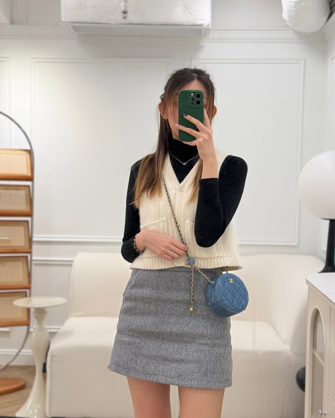 Chanel Pearl Crush Round Clutch With Chain Quilted Denim Aged