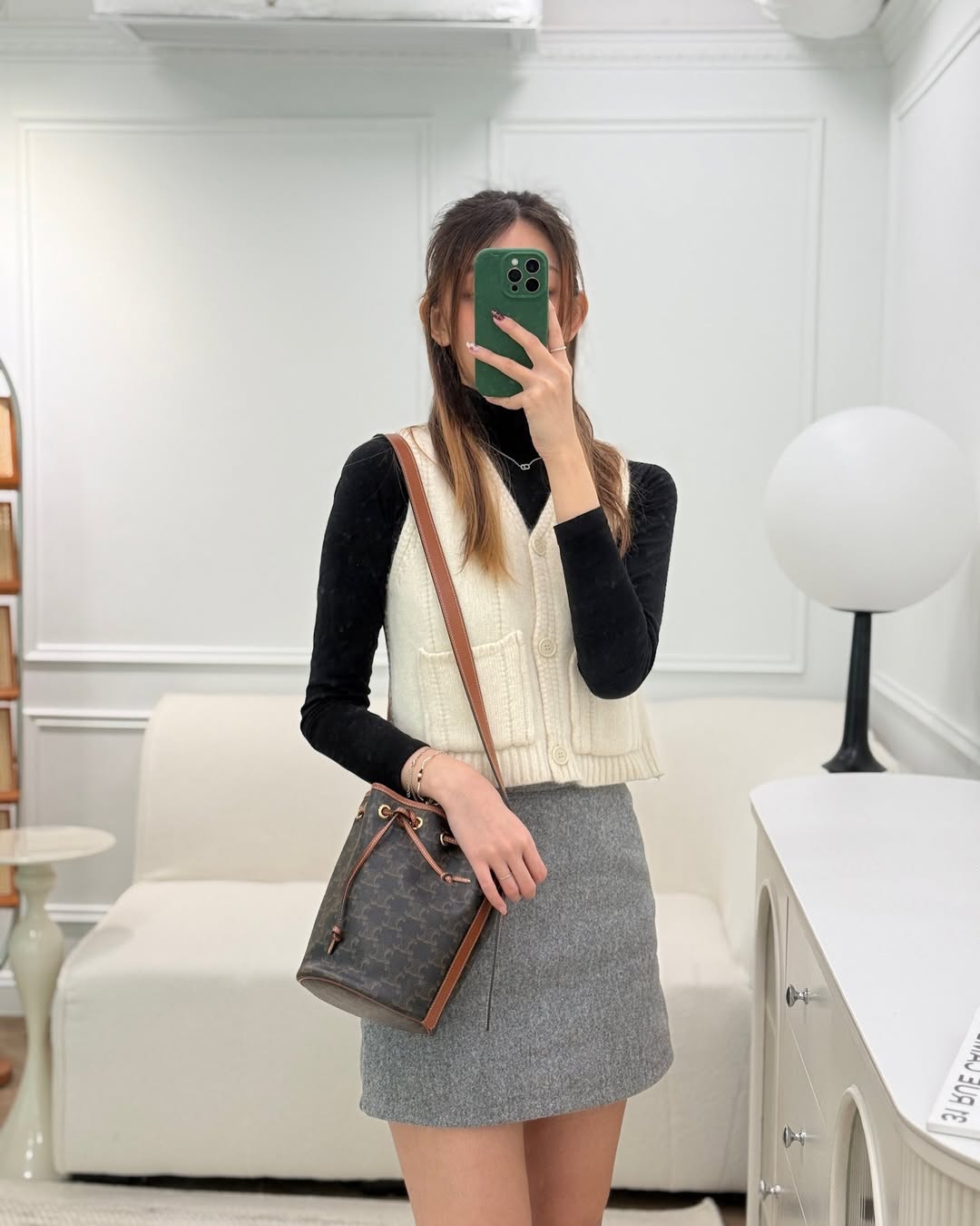 Celine Small Drawstring Bucket Bag Triomphe Canvas Tan Black