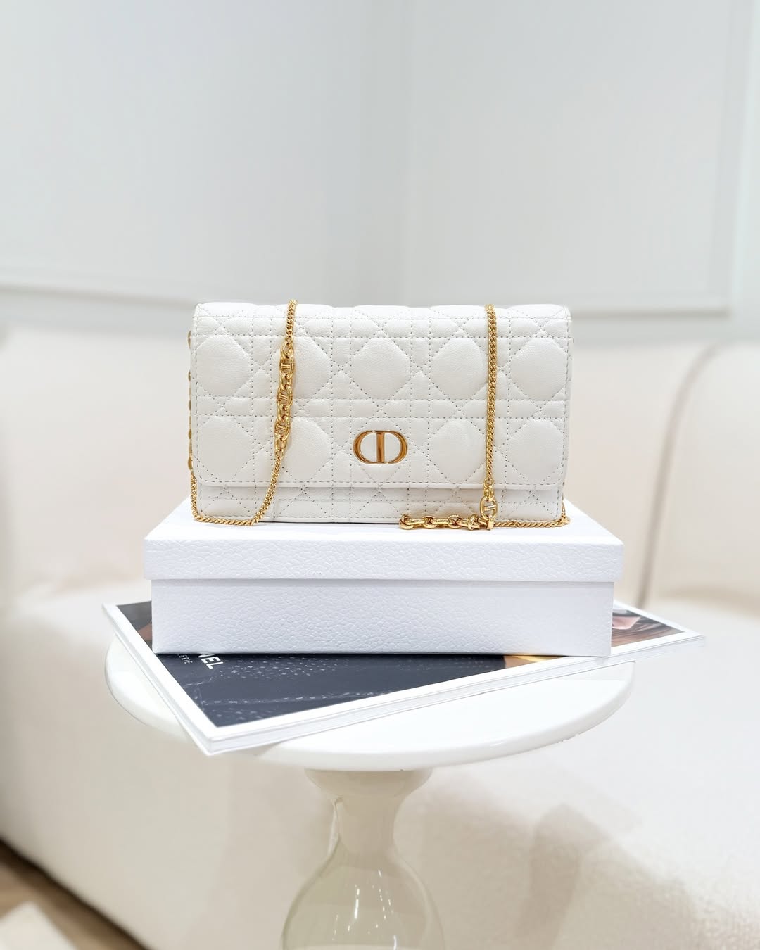 Dior Caro Pouch With Chain Latte Supple Cannage Calfskin