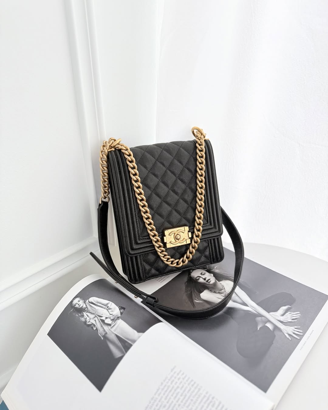 Chanel Quilted North South Boy Flap Black Caviar Aged