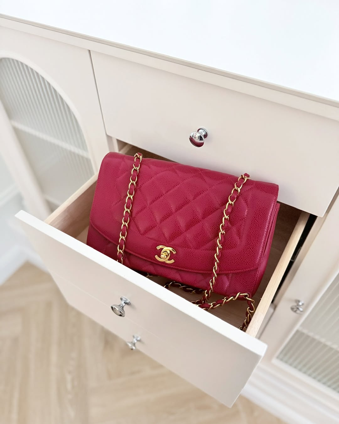 Chanel Medium Vintage Quilted Classic Diana Flap Bag Red Caviar