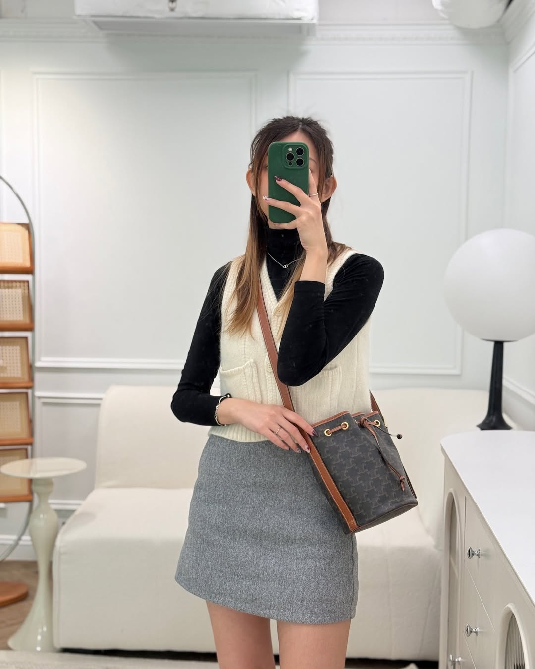 Celine Small Drawstring Bucket Bag Triomphe Canvas Tan Black