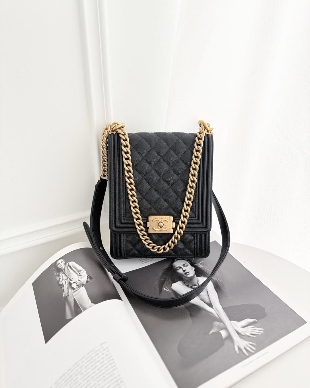 Chanel Quilted North South Boy Flap Black Caviar Aged