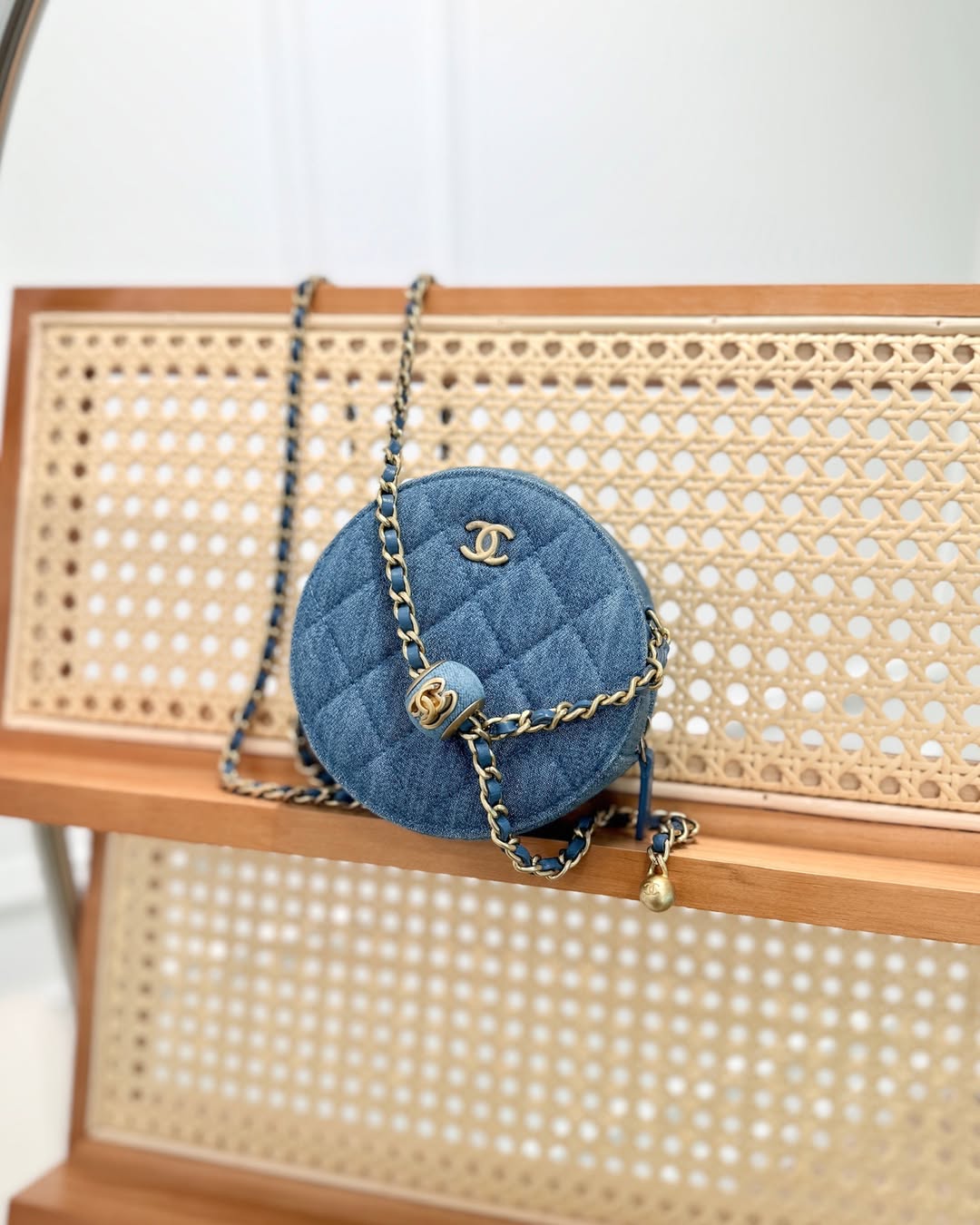 Chanel Pearl Crush Round Clutch With Chain Quilted Denim Aged