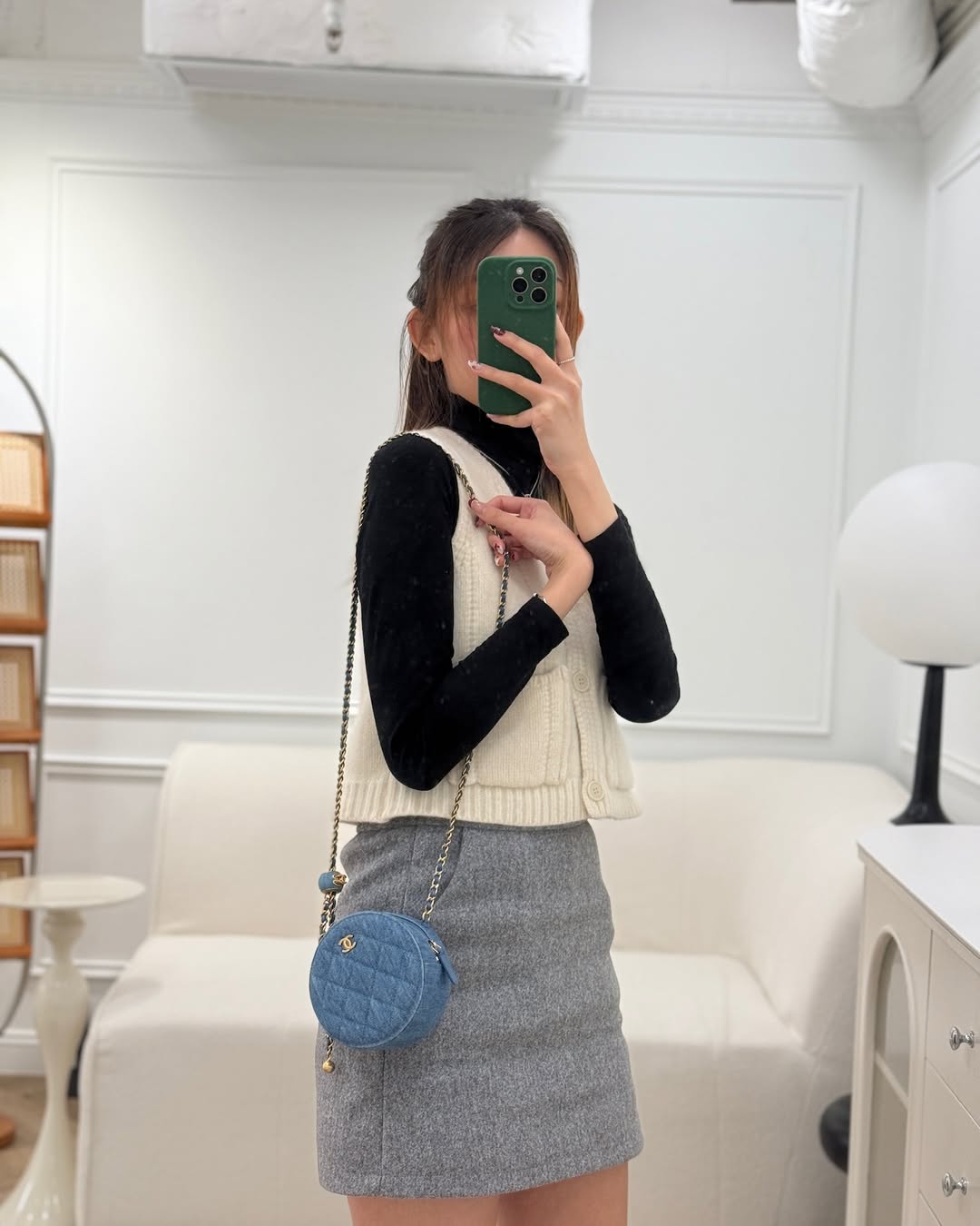 Chanel Pearl Crush Round Clutch With Chain Quilted Denim Aged