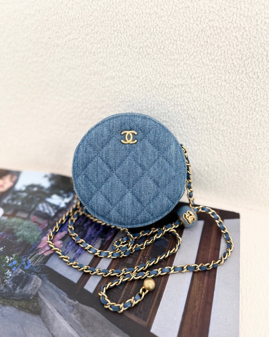 Chanel Pearl Crush Round Clutch With Chain Quilted Denim Aged
