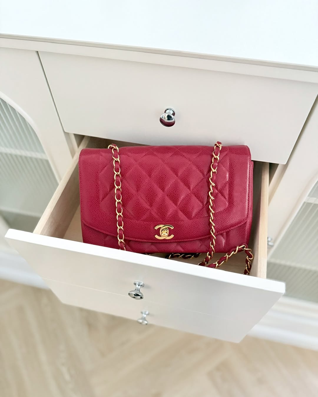 Chanel Medium Vintage Quilted Classic Diana Flap Bag Red Caviar