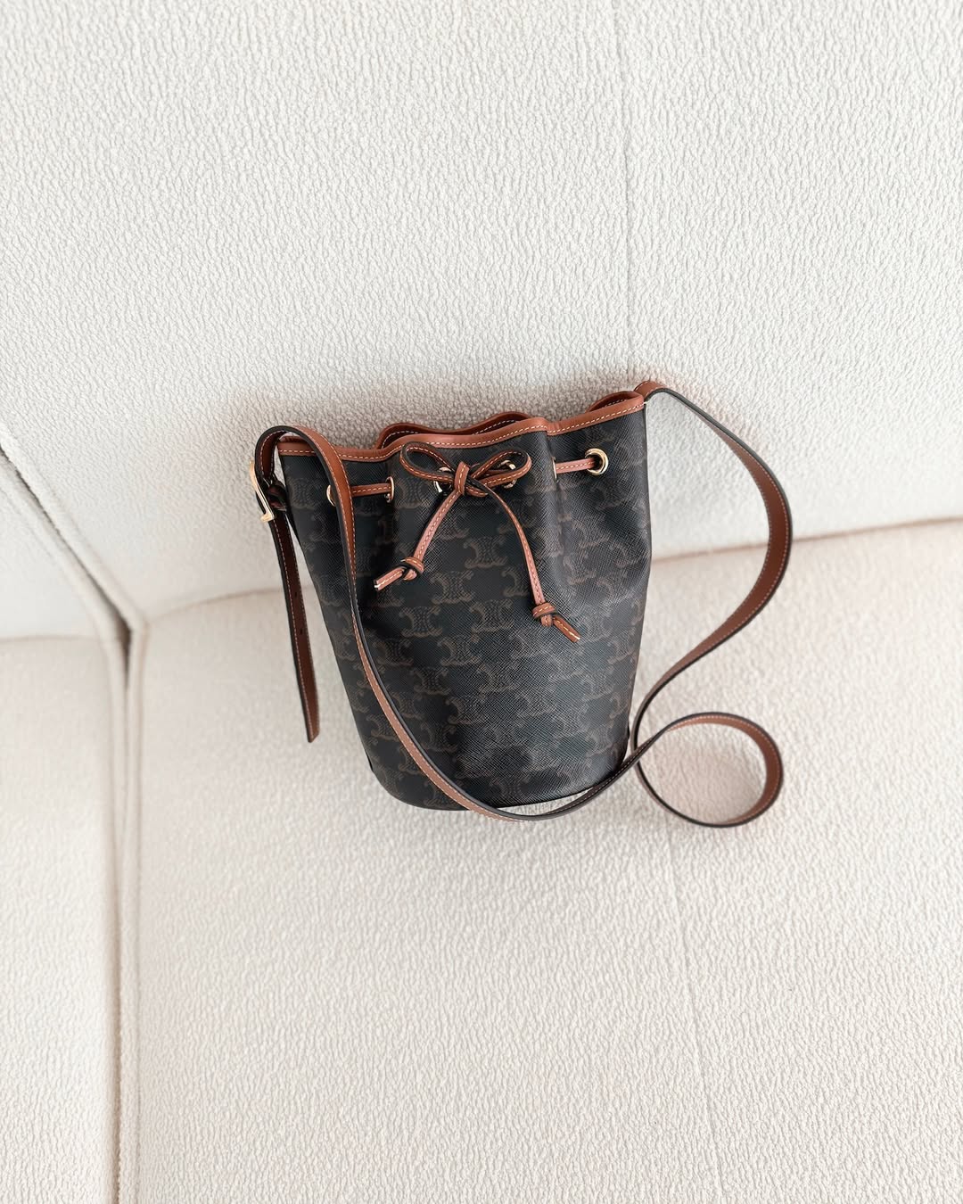 Celine Small Drawstring Bucket Bag Triomphe Canvas Tan Black