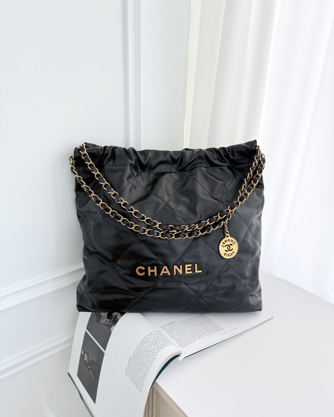 Chanel 22 Bag Medium Black Crumpled Calfskin Aged