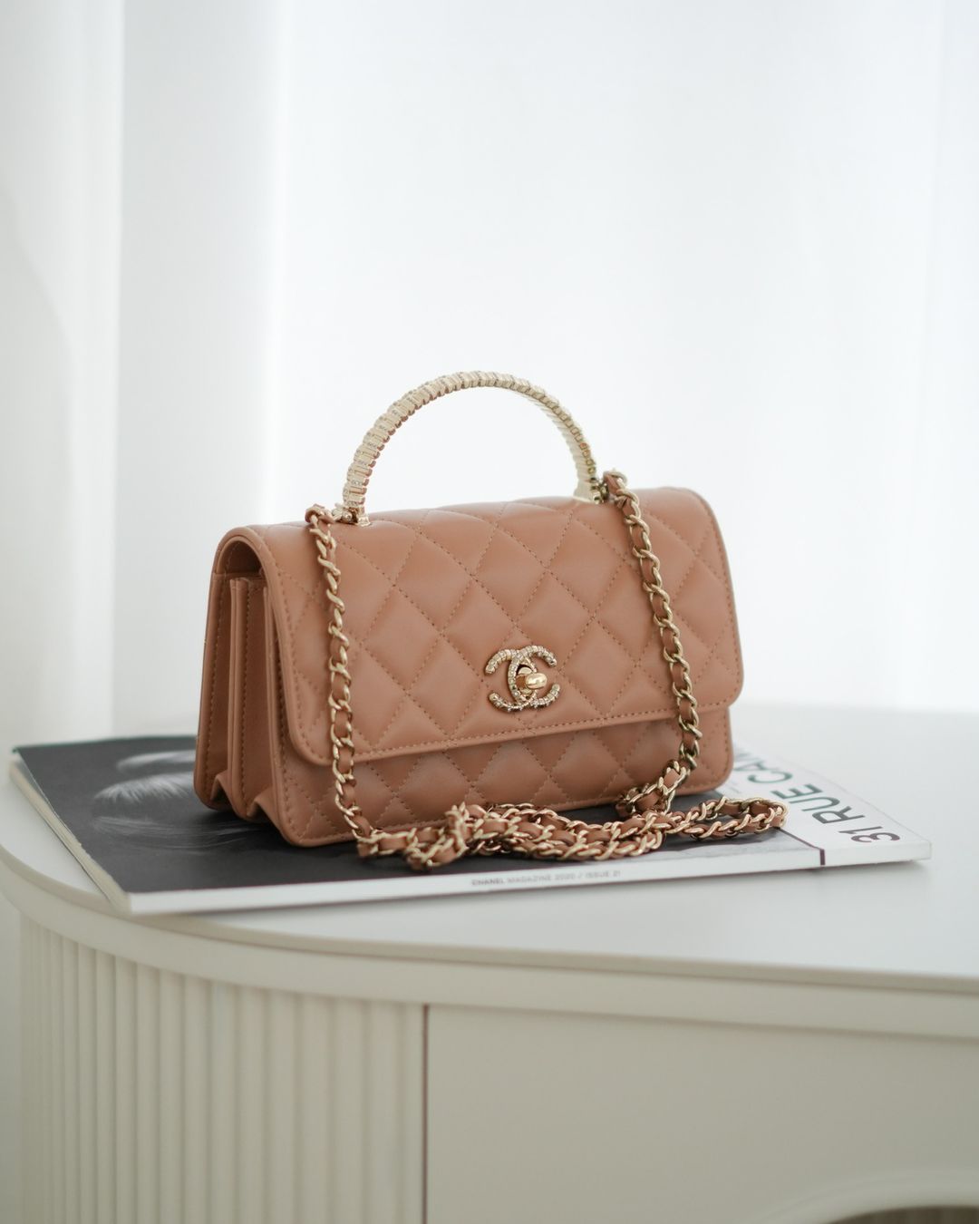 Chanel Mini Crystal Top Handle Wallet On Chain WOC Dark Beige Lambskin