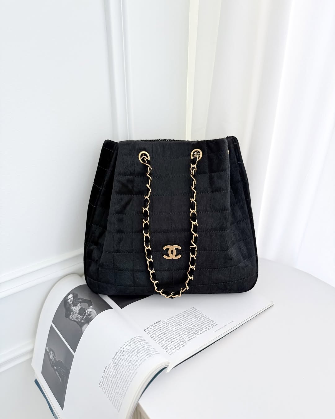 Chanel Vintage Quilted Drawstring Tote Bag Pony Hair Velvet