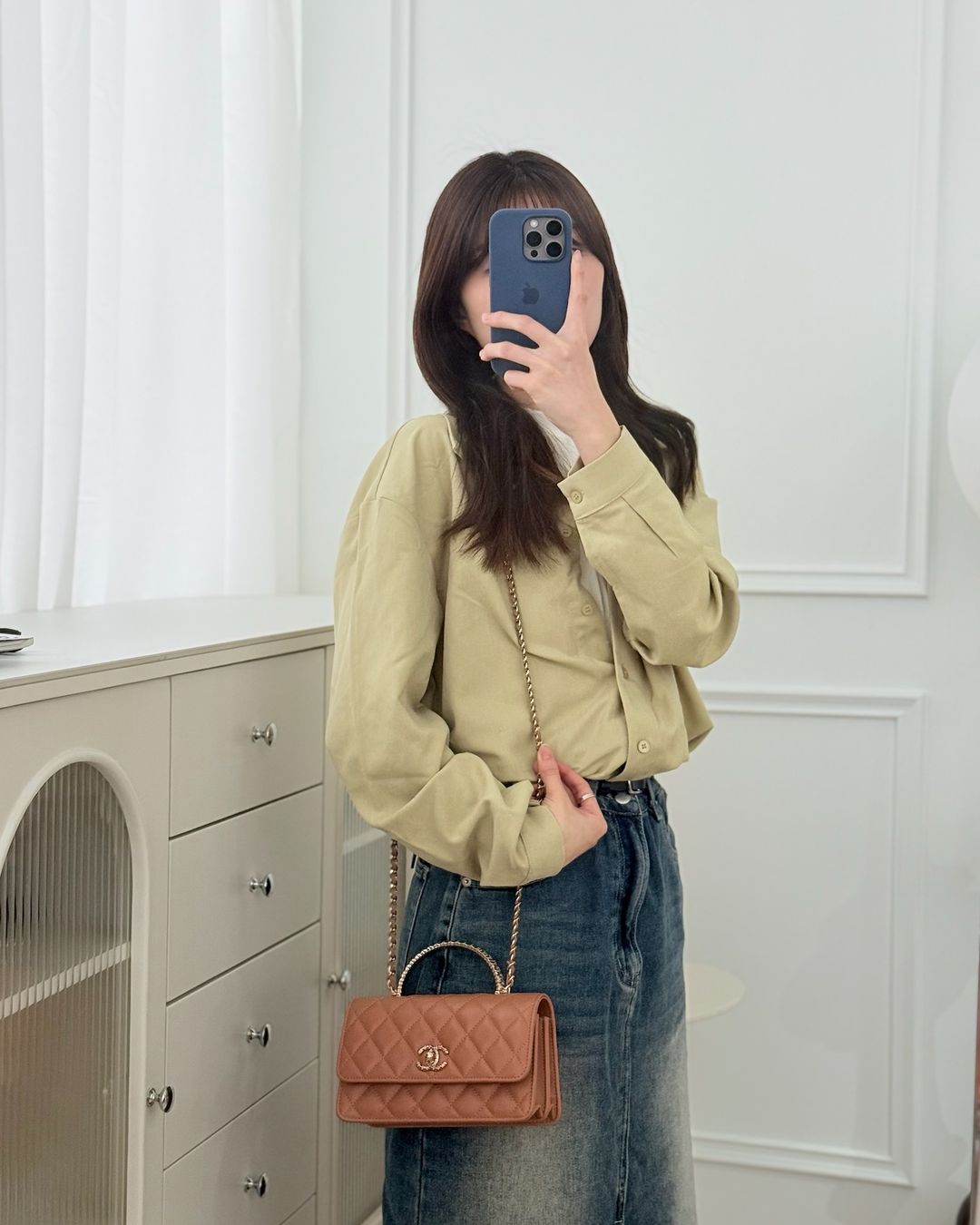 Chanel Mini Crystal Top Handle Wallet On Chain WOC Dark Beige Lambskin