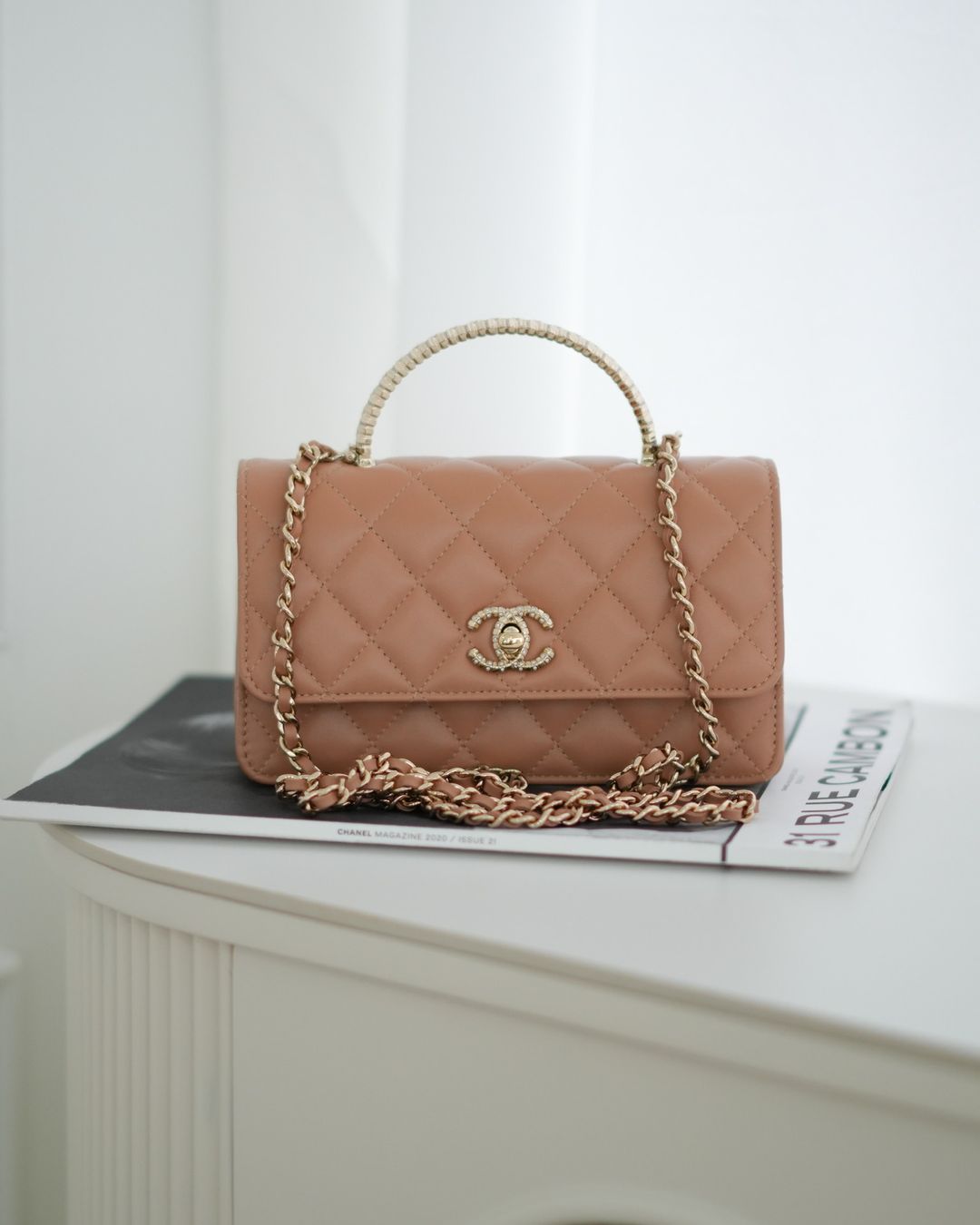 Chanel Mini Crystal Top Handle Wallet On Chain WOC Dark Beige Lambskin