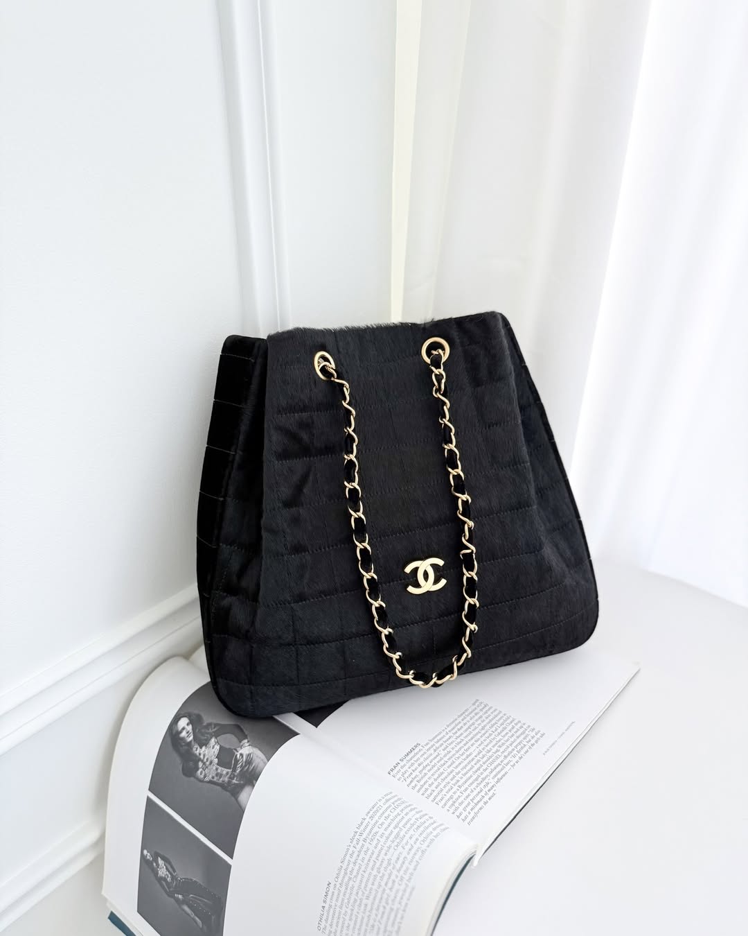 Chanel Vintage Quilted Drawstring Tote Bag Pony Hair Velvet
