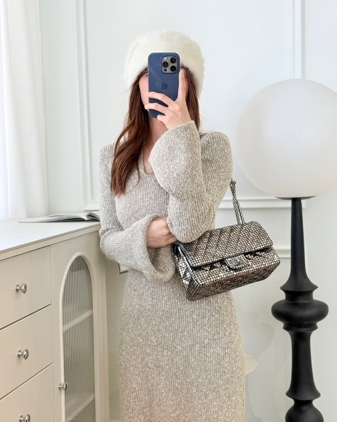 Chanel Mirror Reissue 2.55 Quilted Silver Suede Calfskin Gun Metal Hardware